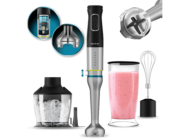 Batidora de mano  Cecotec Katana 15 Chop B, 1500 W, 21 velocidades, Turbo,  Incluye picadora de 600ml, Vaso de 800ml, Brazo XL, Black