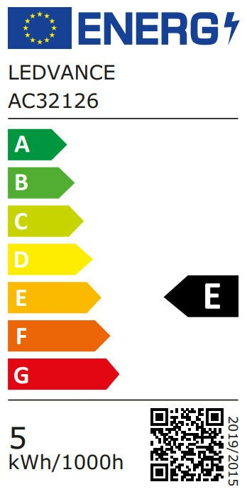 Etykieta energetyczna. Pokazuje klasy efektywności energetycznej od A do G. E jest podświetlone. Kod QR i informacje kWh/1000h.