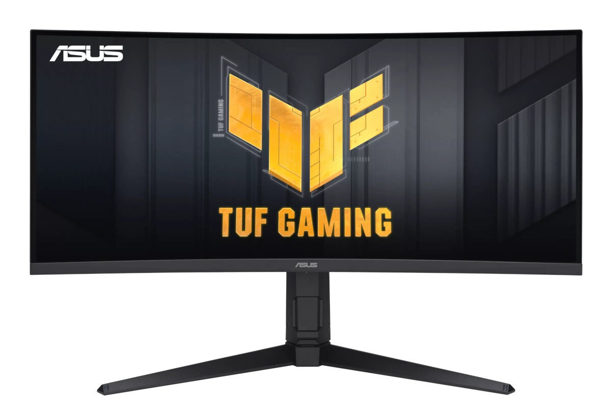 Zakrzywiony monitor ASUS TUF Gaming. Ekran wyświetla złote logo TUF Gaming.
