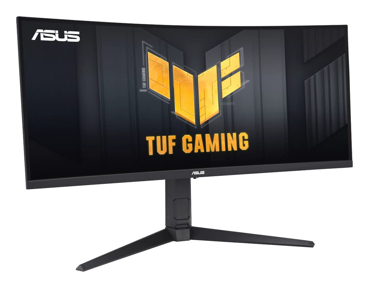Zakrzywiony monitor z logo ASUS TUF GAMING na ekranie.