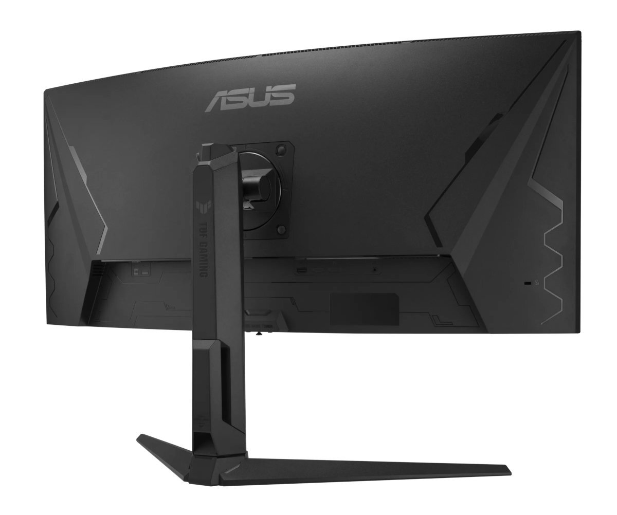 Tył czarnego monitora komputera ze stojakiem i portami.