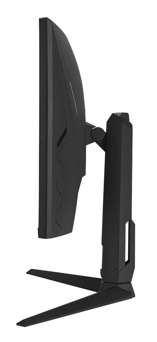 Czarny monitor komputera. Widok z boku, ze stojakiem i eleganckim designem.