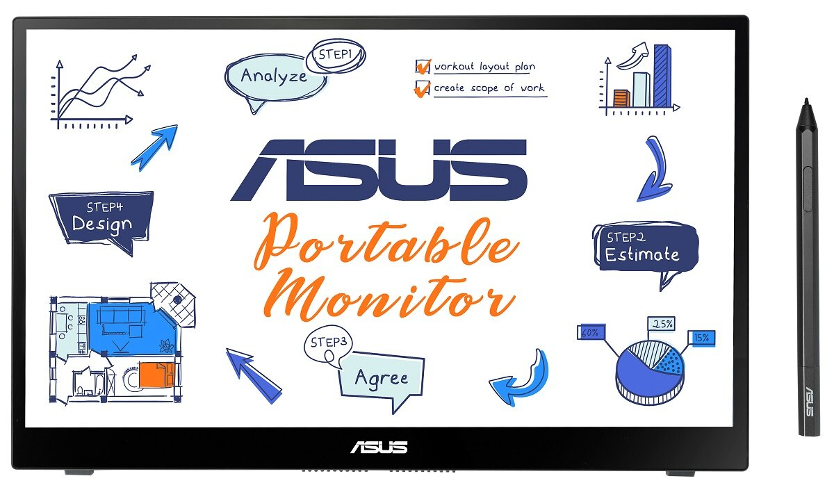 Biały monitor z diagramami i rysikiem. Tekst: ASUS Portable Monitor.
