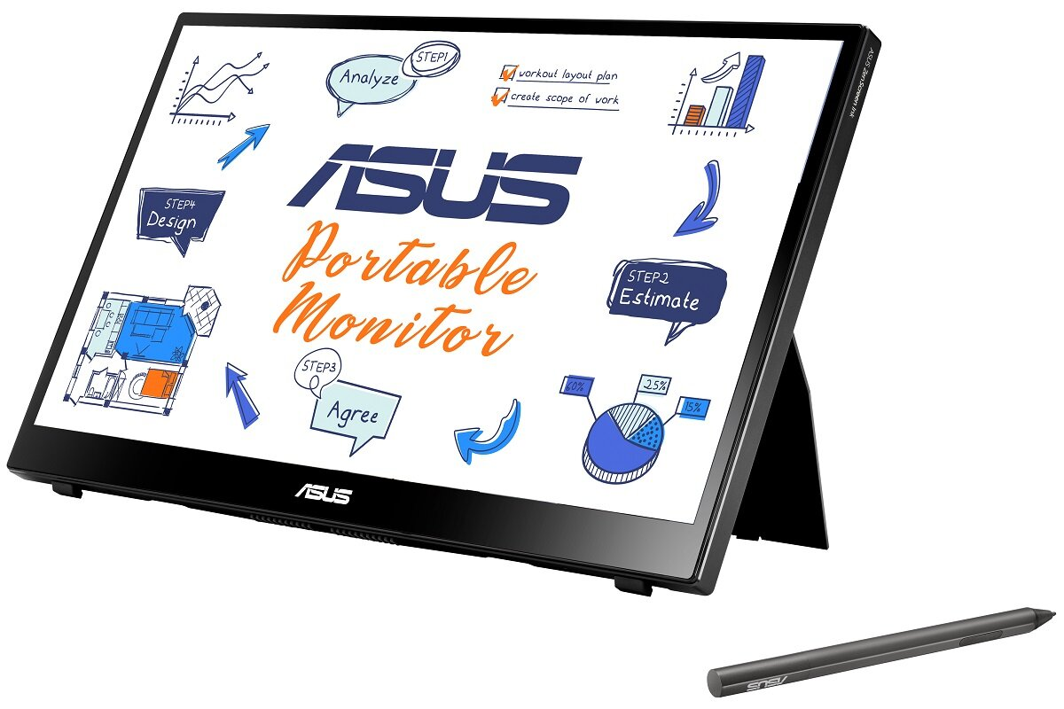 Przenośny monitor Asus pokazujący diagramy i tekst. Poniżej leży rysik.