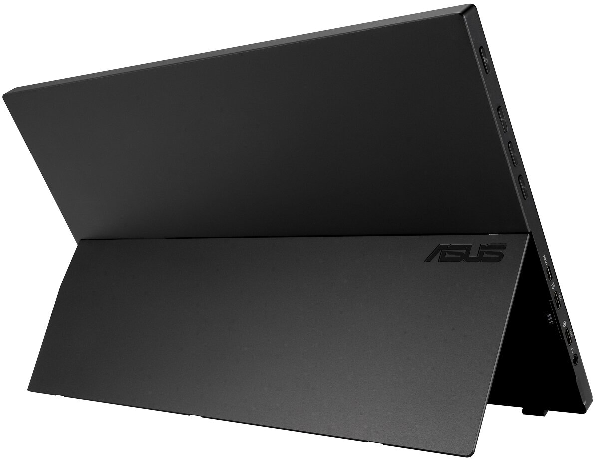 Czarny przenośny monitor ASUS, otwarty pod kątem, pokazujący tył z portami i logo ASUS.
