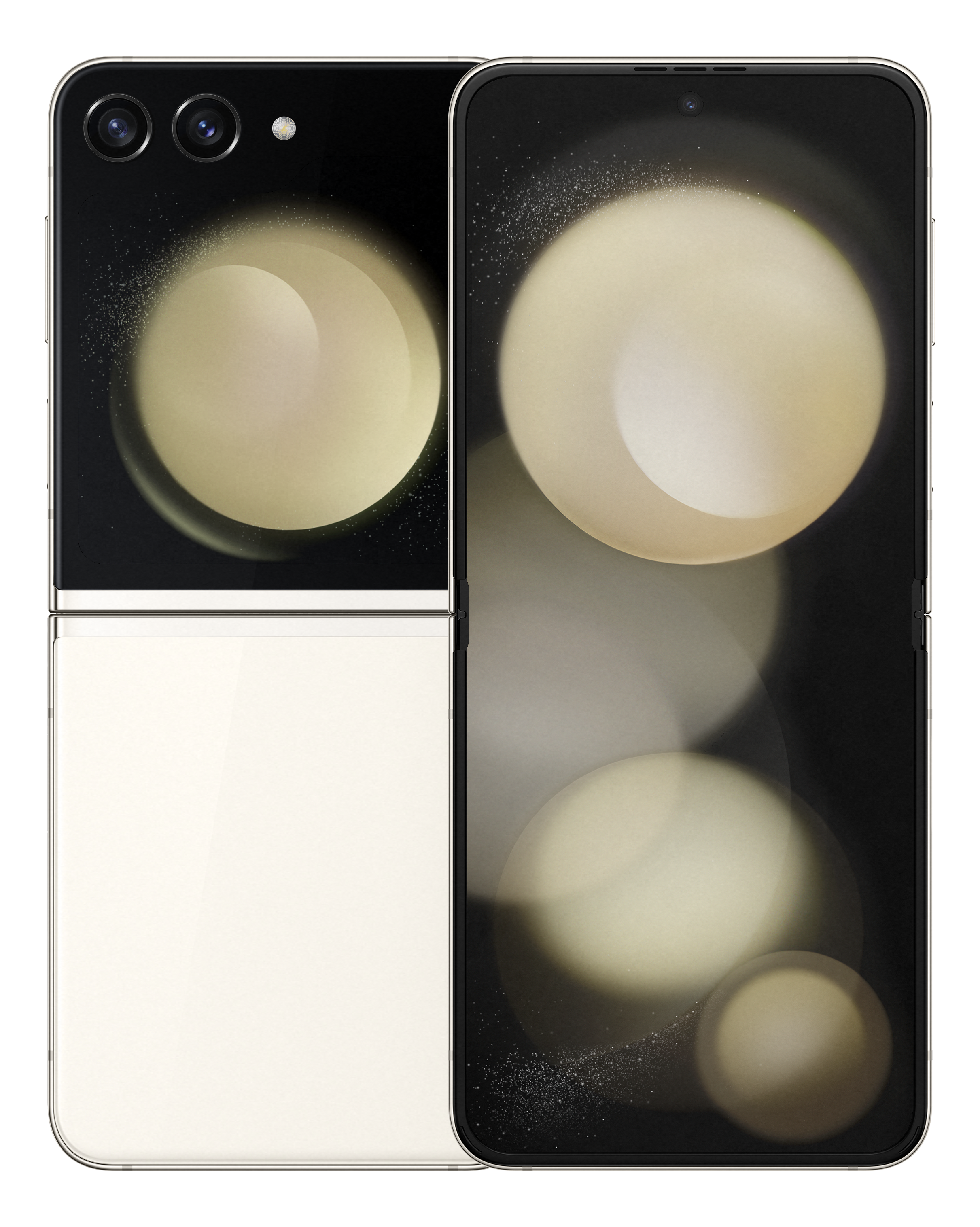 Ein faltbares Telefon in Cremefarbe. Das Telefon ist geöffnet und zeigt seine beiden Bildschirme.