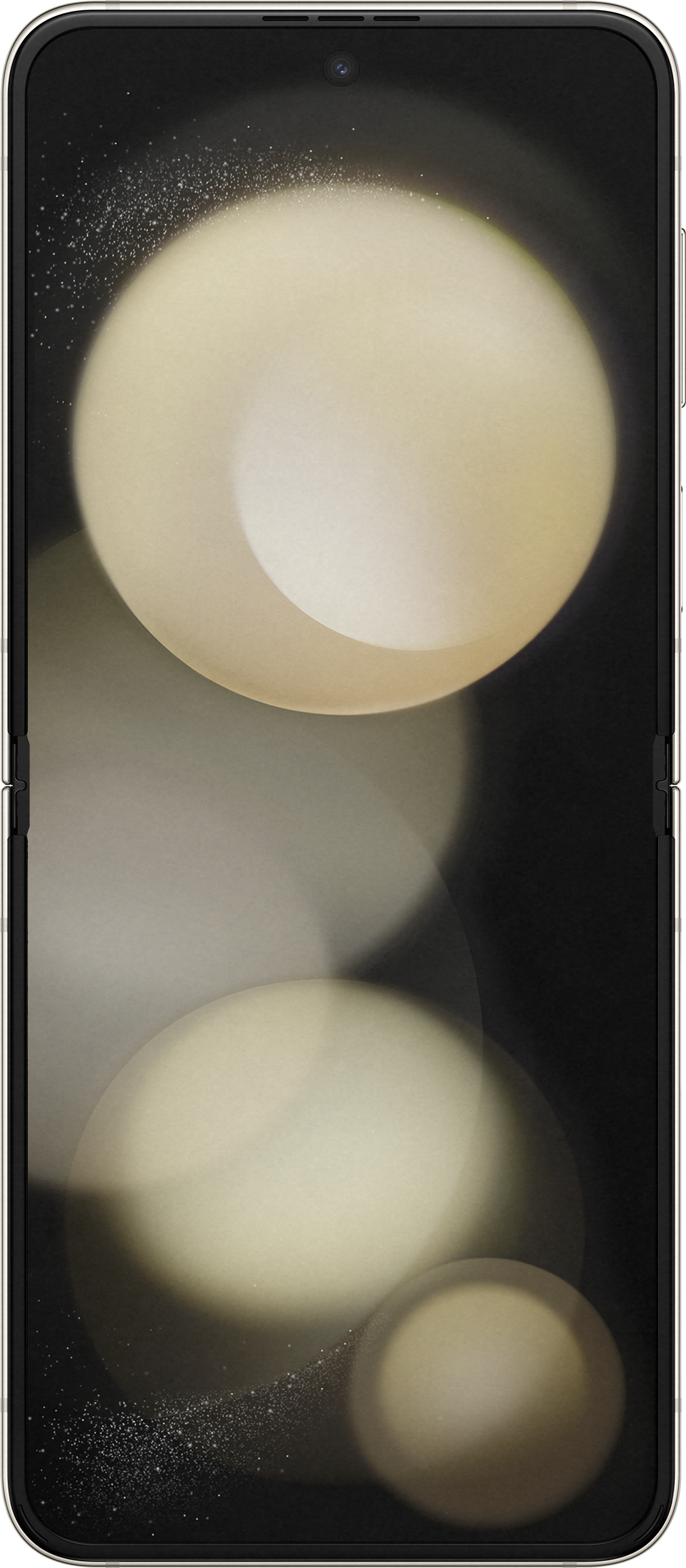 Ein schwarzer Smartphone-Bildschirm mit verschwommenen, goldfarbenen Kreisen.