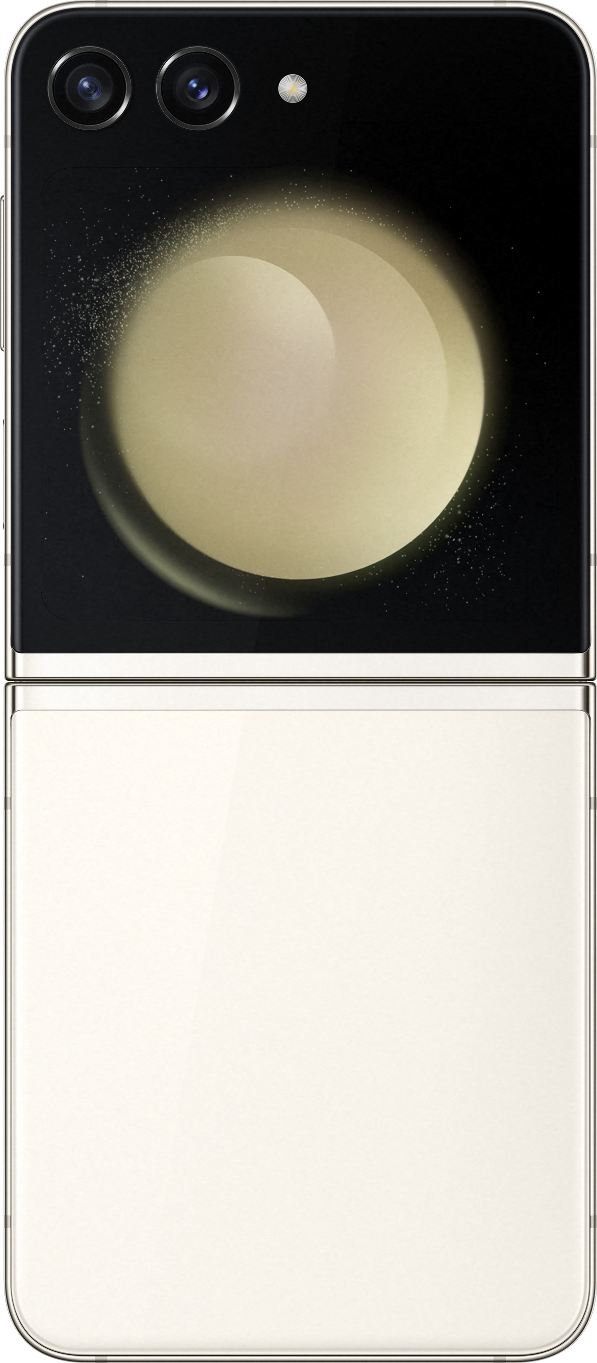 Faltbares Telefon, cremefarben, schwarze Kameras und Bildschirm. Die Rückseite ist schwarz und gold.