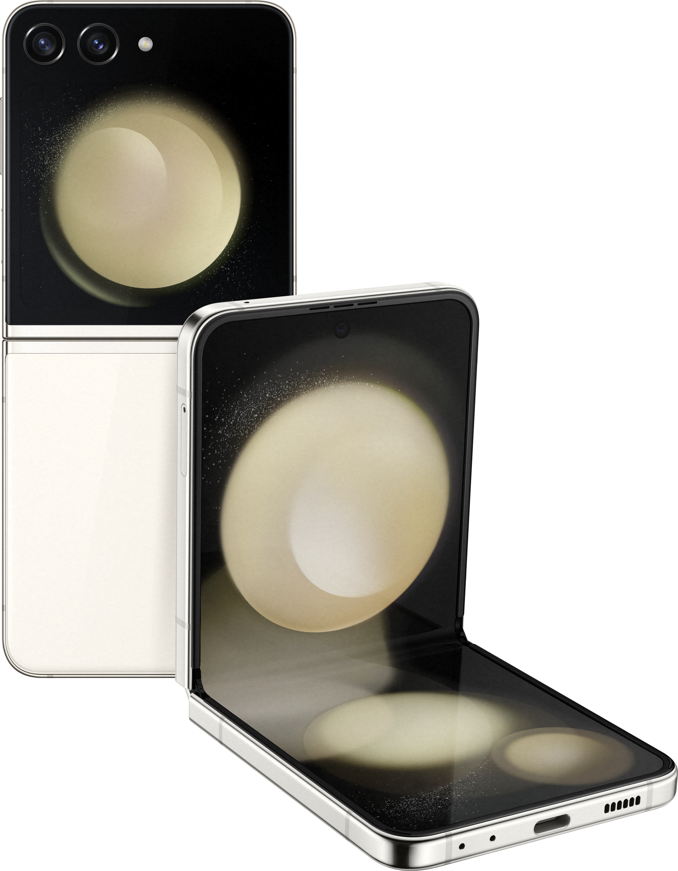 Zwei faltbare Samsung-Telefone, eines offen, eines geschlossen, in Creme.