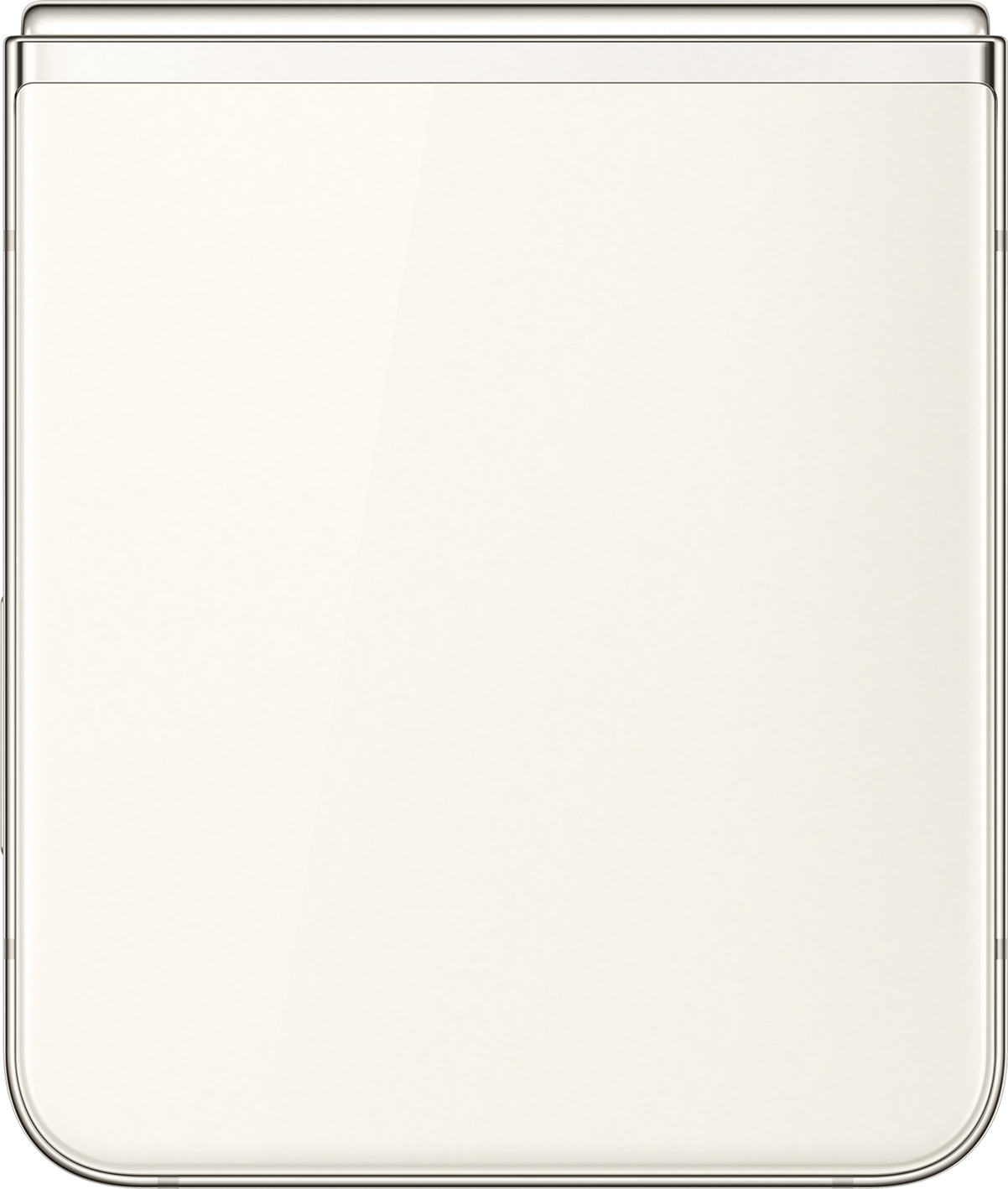 Geschlossenes weißes Smartphone mit glänzendem Finish. Rechteckig mit metallischem Rahmen.