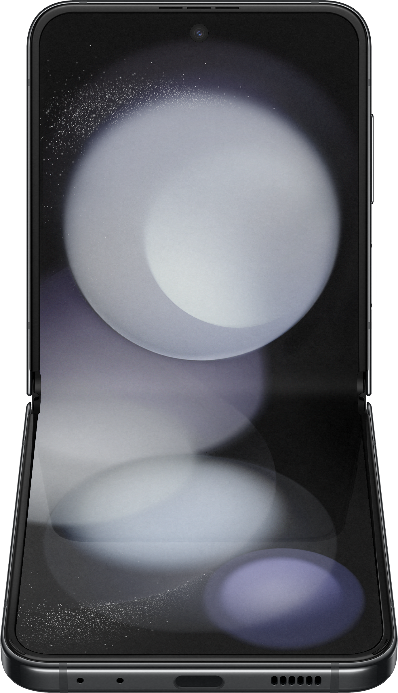 Ein geöffnetes, schwarzes, zusammenklappbares Smartphone mit einem gemusterten Bildschirm befindet sich auf einem weißen Hintergrund.