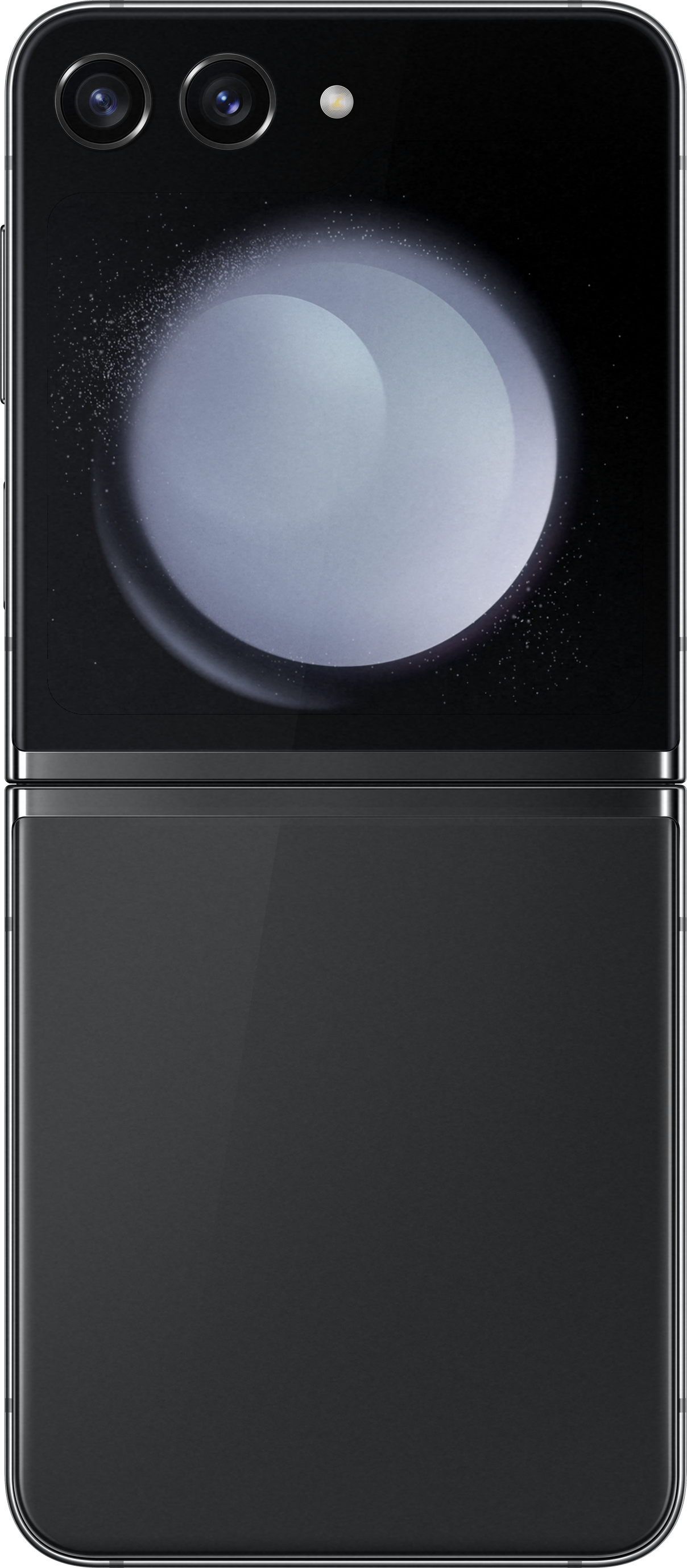 Ein schwarzes, faltbares Telefon mit einem rückwärtigen Kameramodul. Das Telefon ist geschlossen, mit einem silber-violetten Bildschirm.