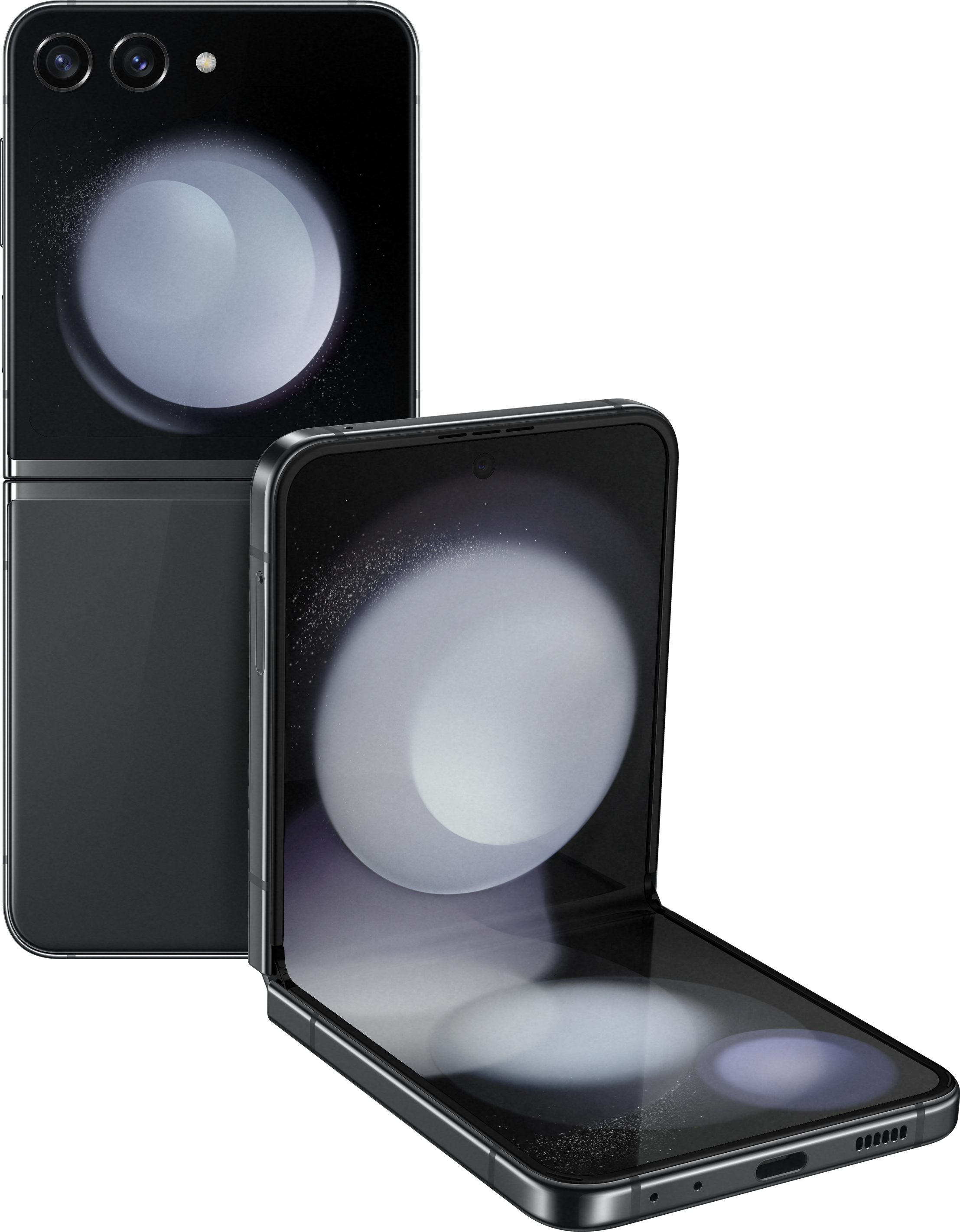 Gefaltetes schwarzes Telefon mit zwei Rückkameras und einem Frontdisplay, geöffnetes Telefon mit Display.