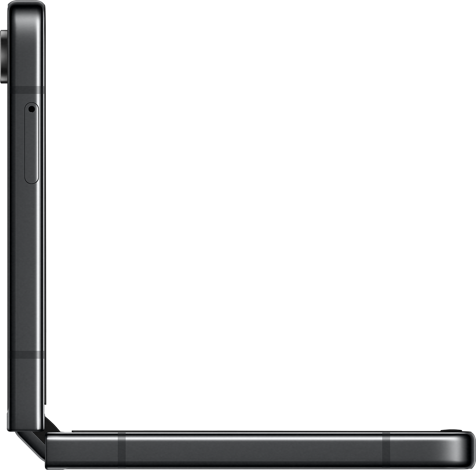 Ein gefaltetes schwarzes Smartphone. Die Seitenansicht zeigt das Scharnier und ein kleines Kameraobjektiv.