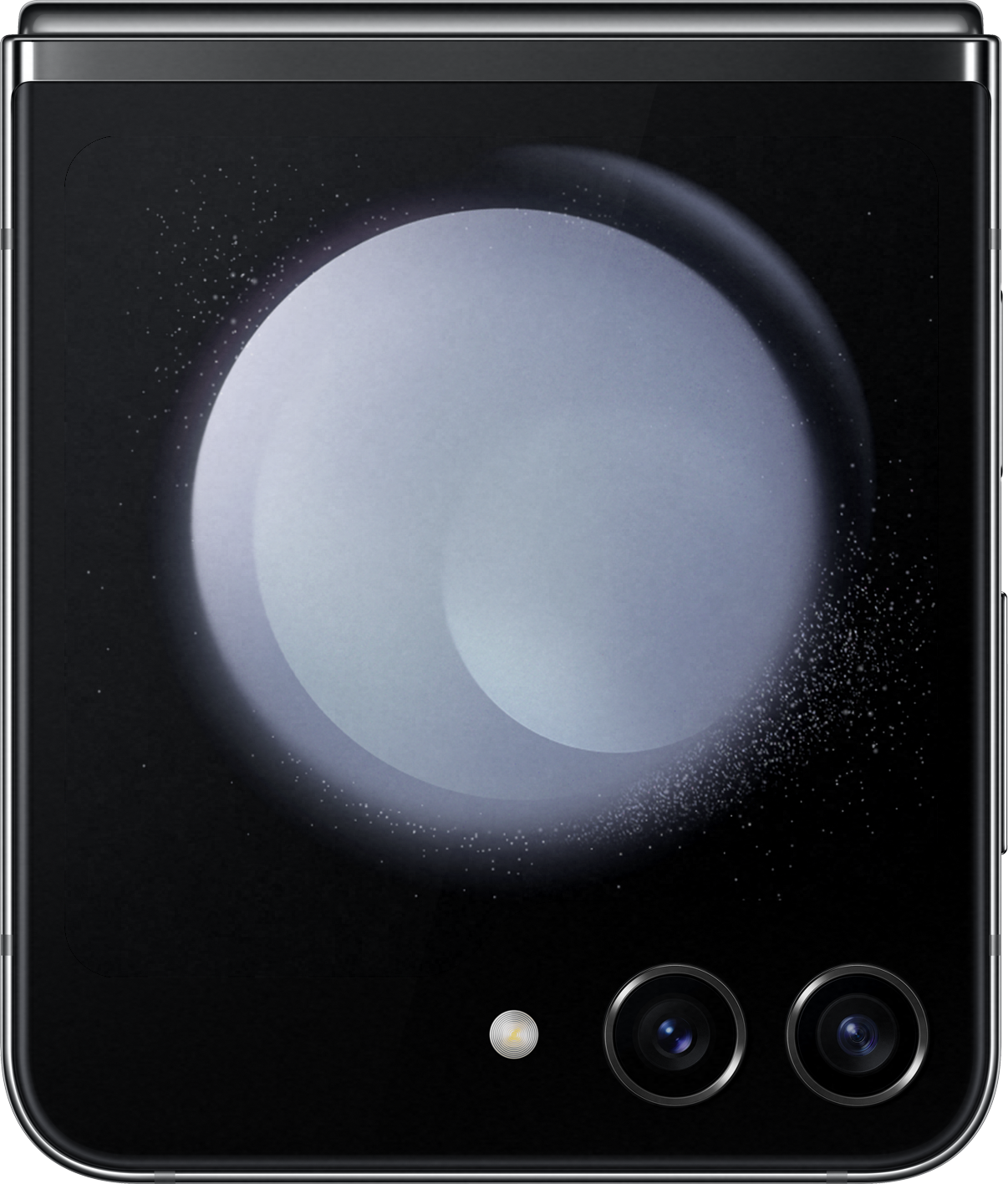 Ein geschlossenes, schwarzes, faltbares Telefon mit zwei Linsen und einem kleinen Licht.