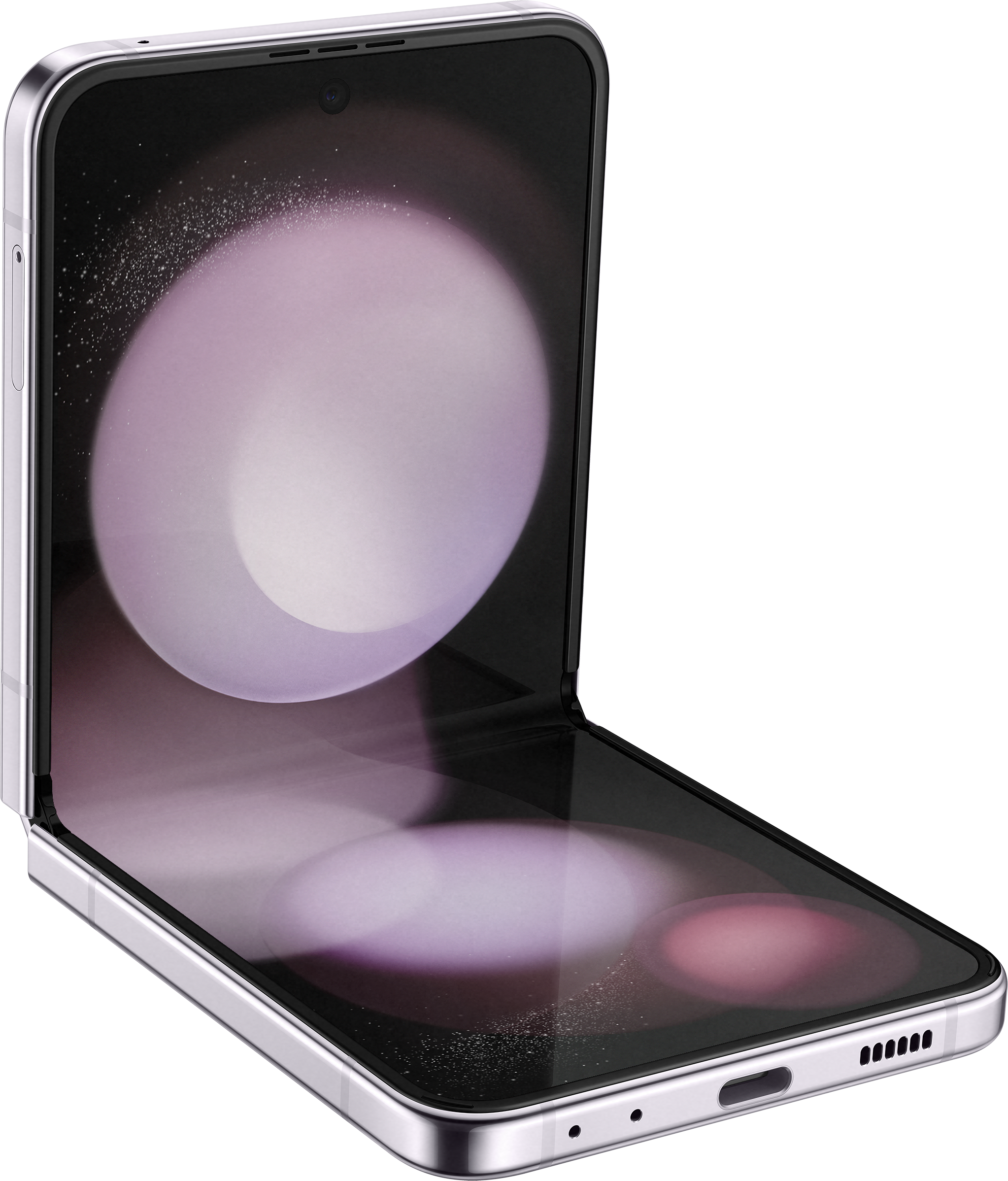 Ein silbernes faltbares Telefon ist geöffnet und zeigt einen Bildschirm mit rosa Hintergrund.