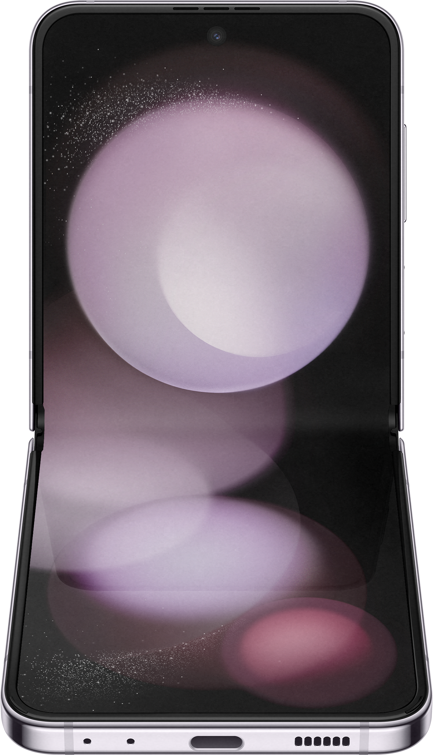 Faltbares Smartphone, Bildschirm zeigt abstrakte, lila Kreise.