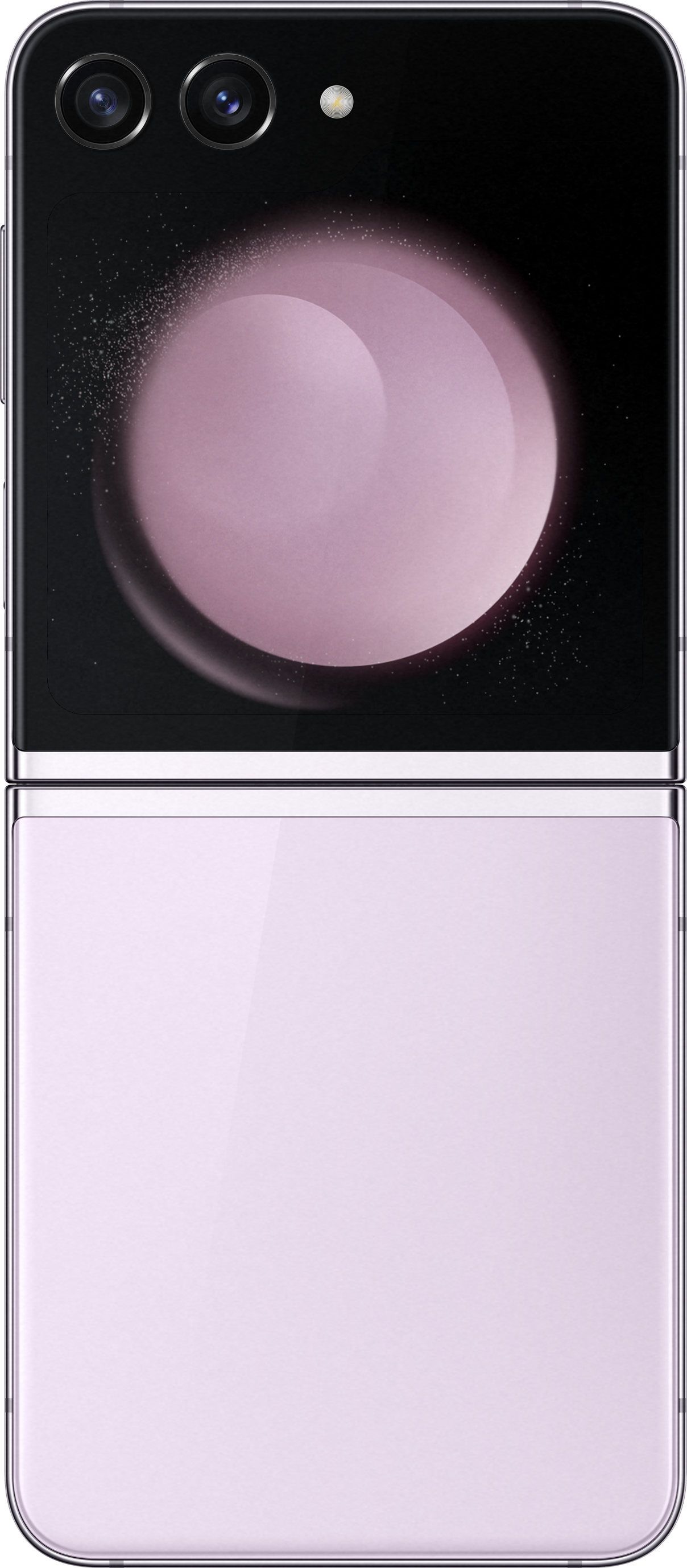Faltbares pinkes Telefon mit zwei Kameras, schwarzem Außendisplay und pinkem Innendisplay.