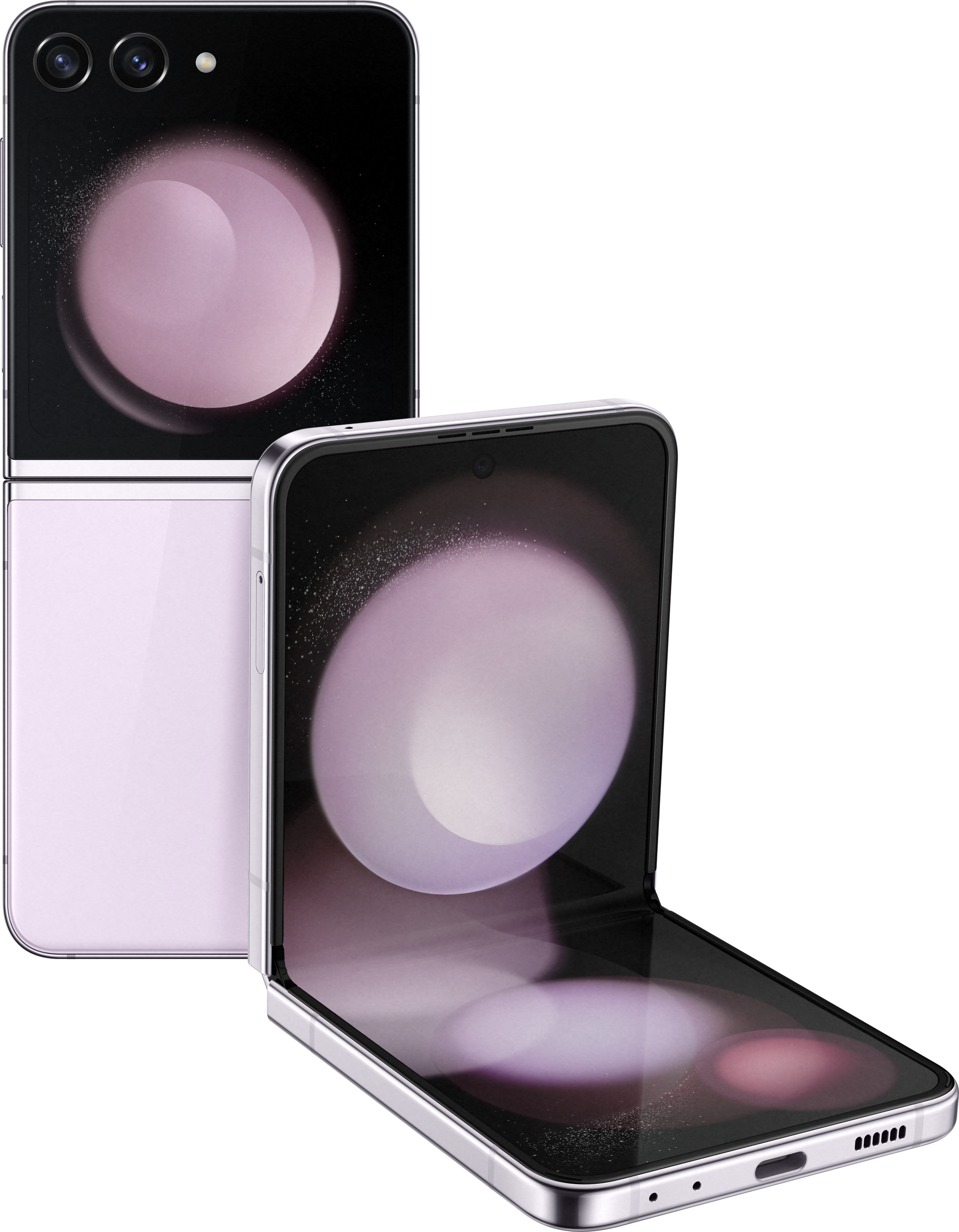 Zwei hellviolette Samsung Galaxy Z Flip-Telefone, eines geöffnet, zeigen den Bildschirm.