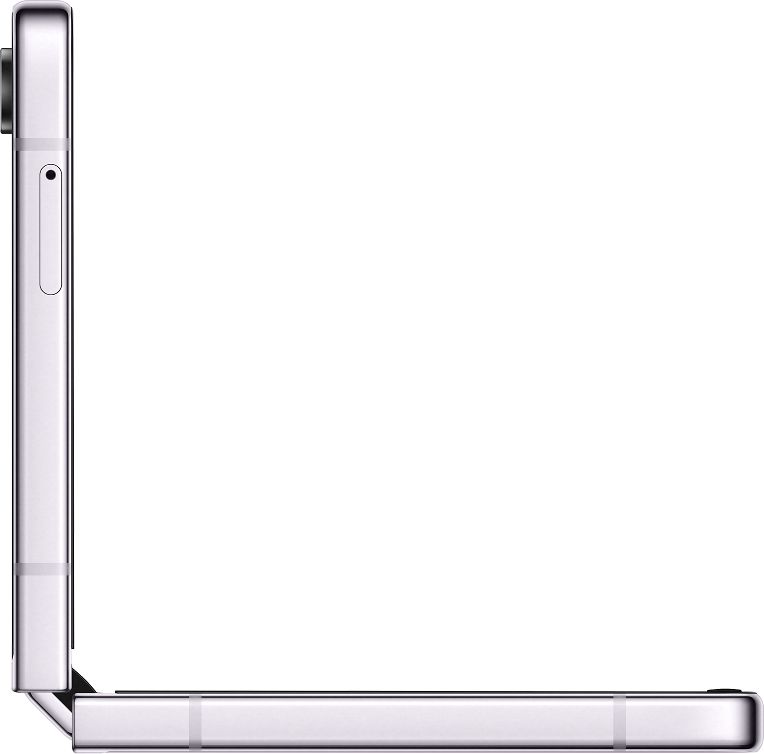 Ein gefaltetes silbernes Smartphone, Seitenansicht. Schwarzer Bildschirm, Seitenprofil.