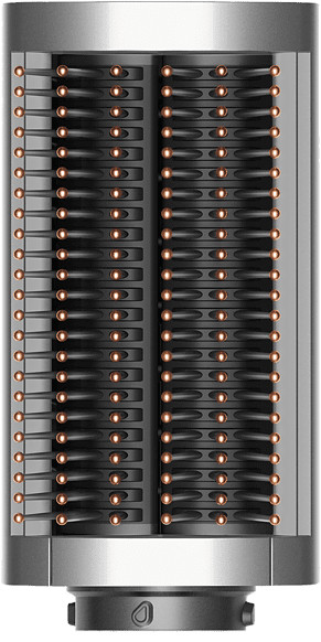 Brosse coiffante. Corps cylindrique avec des poils et des pointes dorées. Finition métallique.