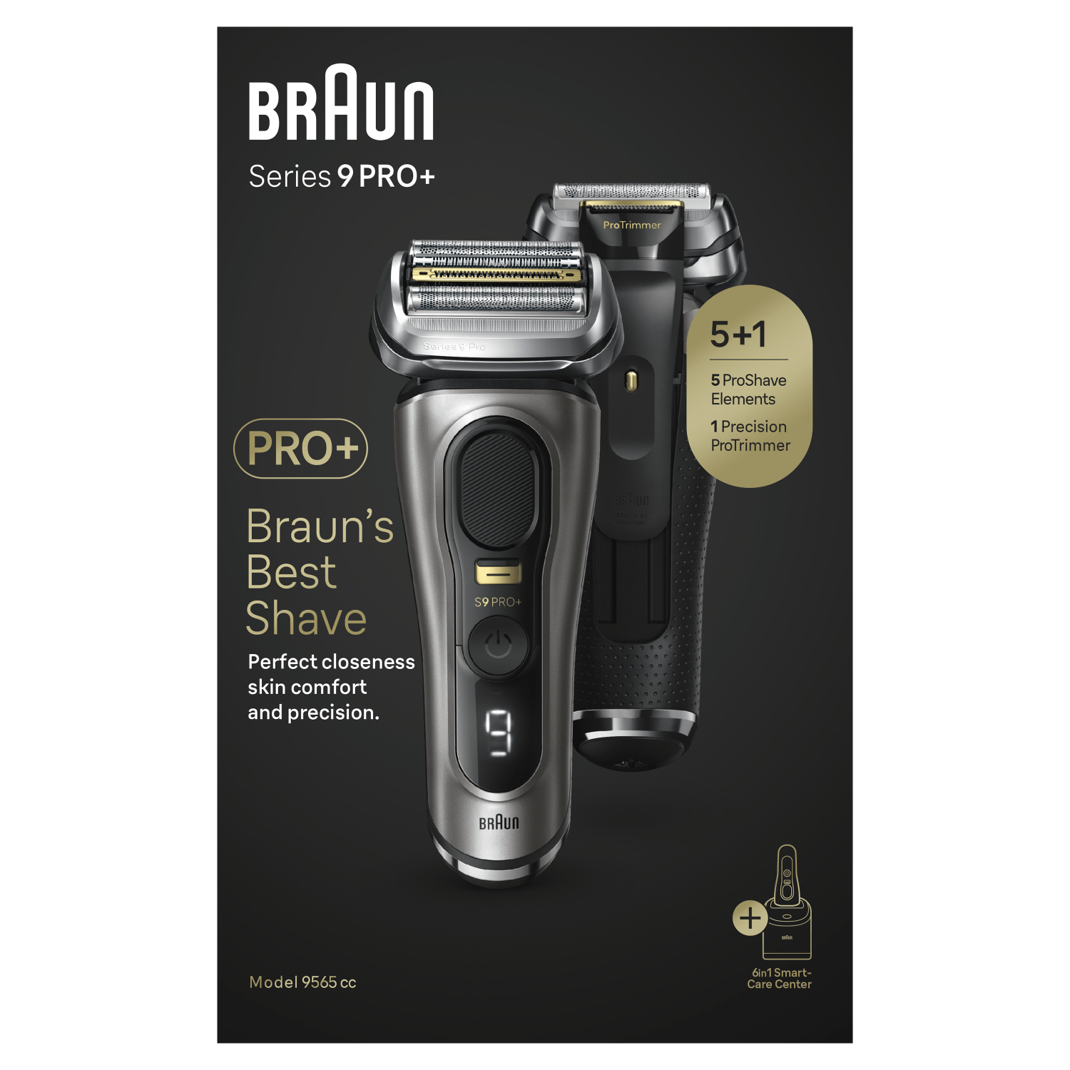 Braun Series 9 Pro+ shaver with text, black background, and additional shaver.