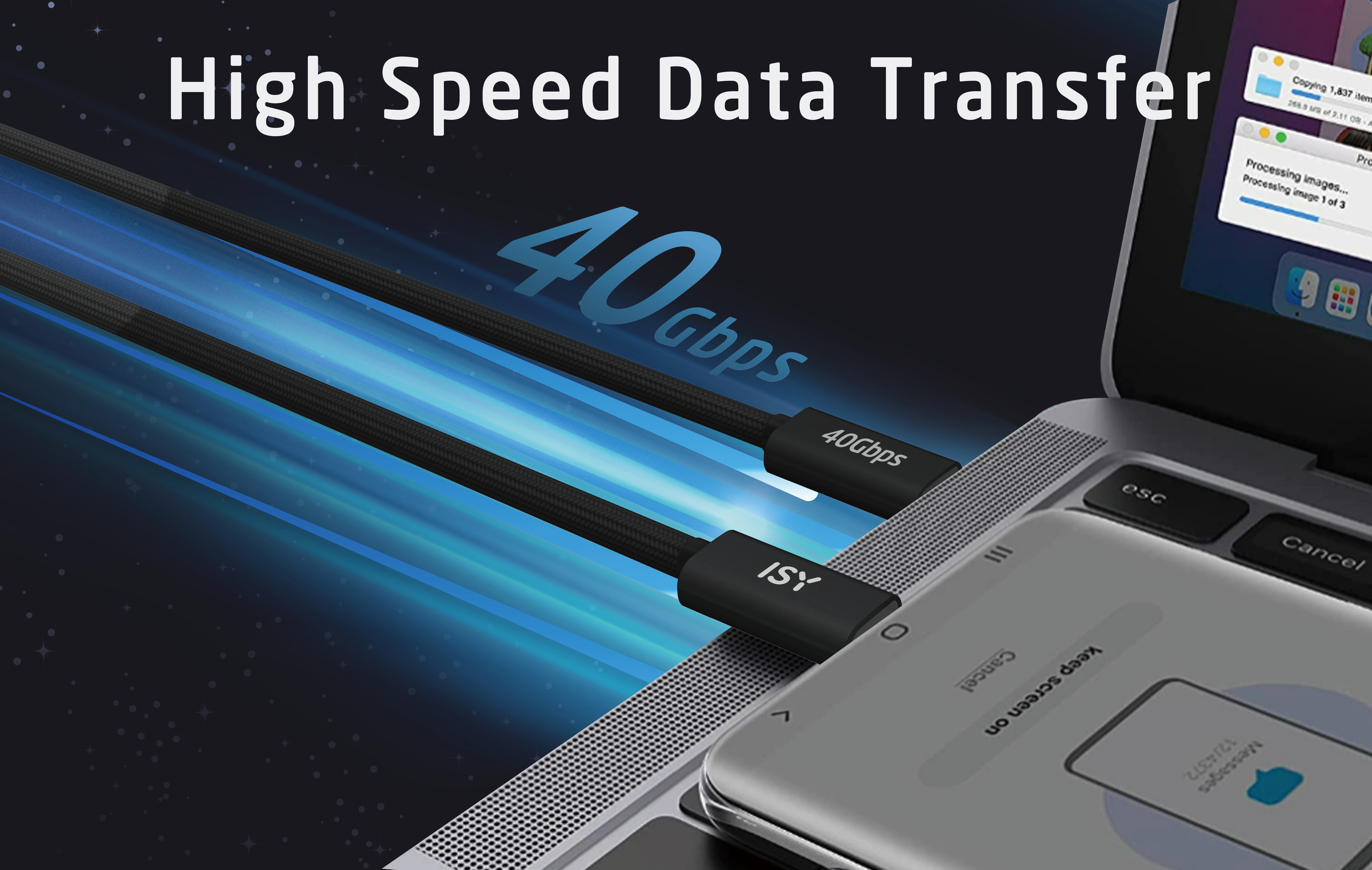 Laptop mit angeschlossenen schwarzen USB-C-Kabeln, Telefon und Text über Datenübertragung.