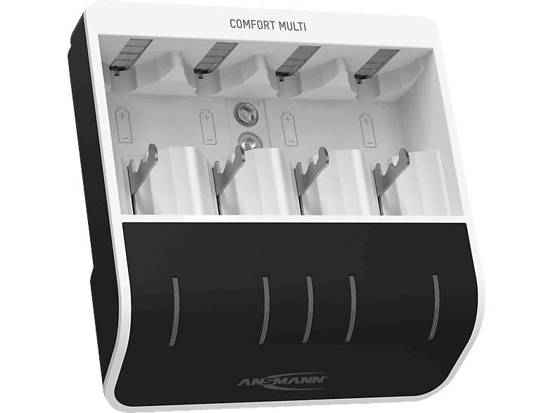 ANSMANN Comfort Multi Ladegerät Universal Ladestrom AAA: 400mA (1-4), Ladestrom AA: 800mA (1-4), Ladestrom C: 800mA (1-4), Ladestrom D: 800mA (1-4), Ladestrom E: 15mA (1), weiß/ schwarz