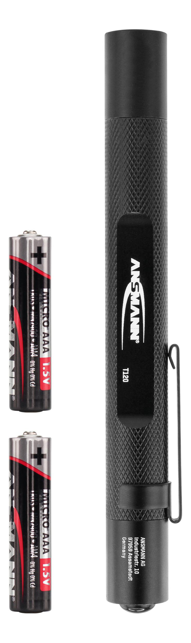 Schwarze Taschenlampe mit zwei AAA-Batterien daneben.