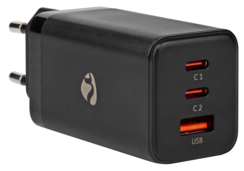 NEDIS Fali töltő, 65W, GaN, gyorstöltés funkció, 2xUSB Type-C és 1xUSB-A csatlakozók (WCGPD65W100BK)