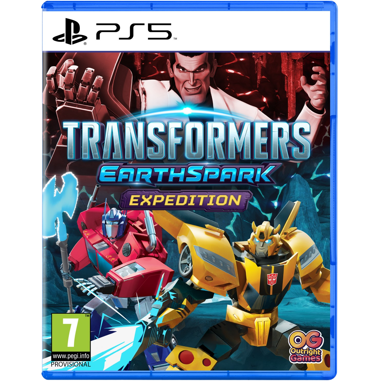 Couverture du jeu : Personnages Transformers, robots rouges et jaunes, logo et titre, logo PS5, fond sombre.