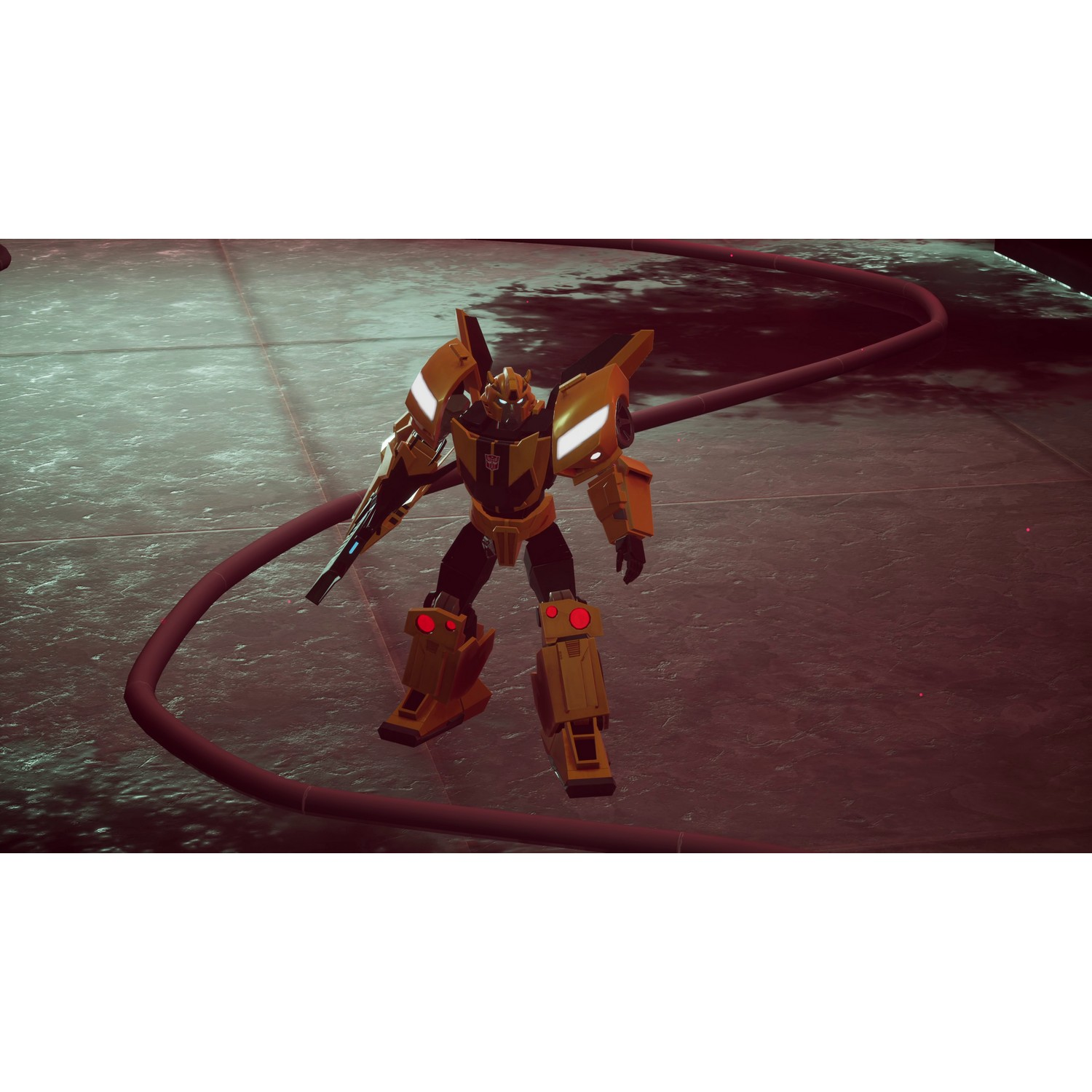 Personnage robot d'un jeu vidéo. Il est jaune et noir et tient une arme.