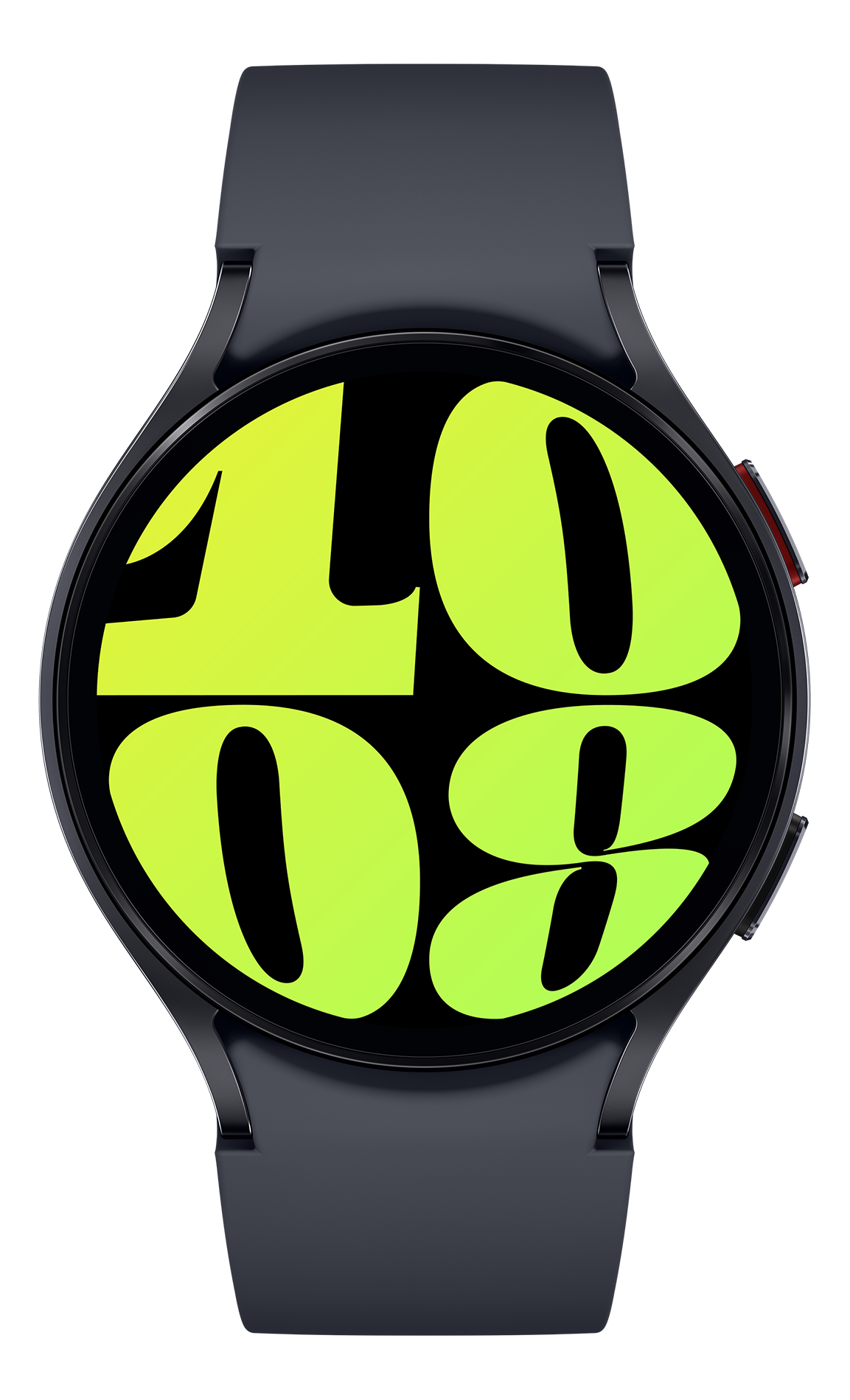 Eine schwarze Smartwatch mit rundem Zifferblatt, das die Uhrzeit '10:08' in hellem Grün und Gelb anzeigt. Die Uhr hat ein schwarzes Armband.