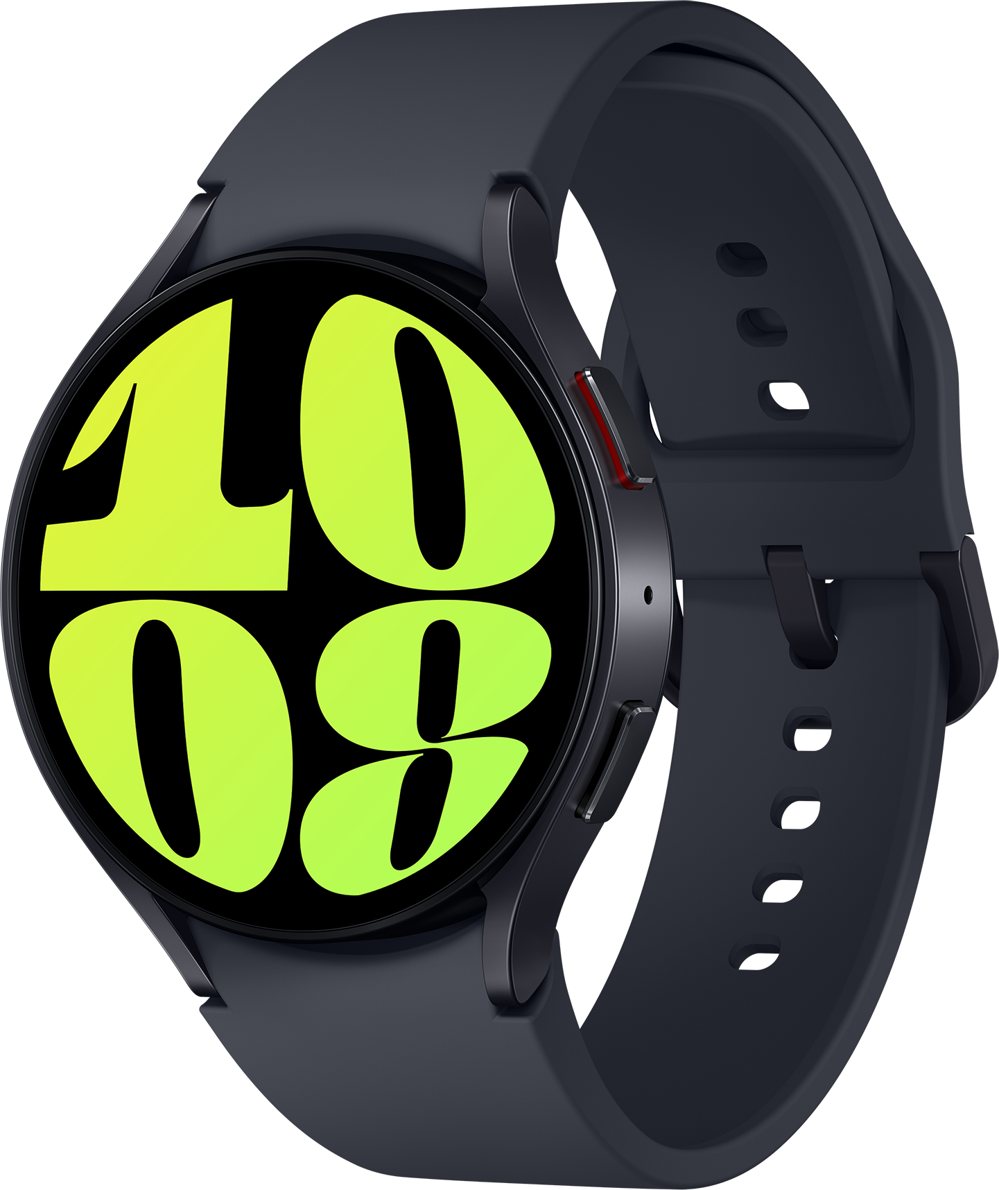Eine schwarze Smartwatch mit einem grün-gelben Display, das die Uhrzeit 10:08 anzeigt.
