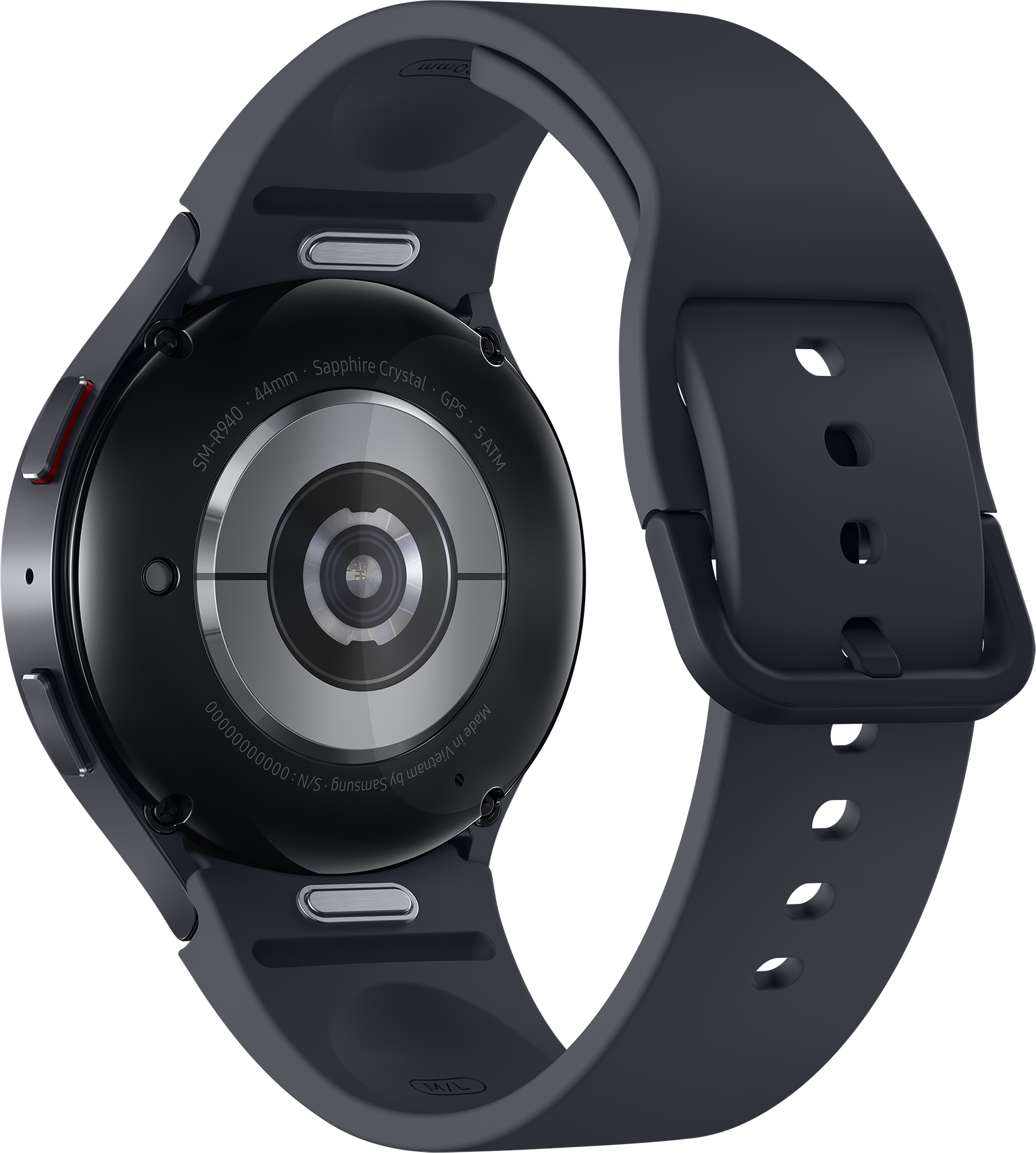 Rückansicht einer dunkelgrauen Smartwatch mit schwarzem Armband, mit Details.