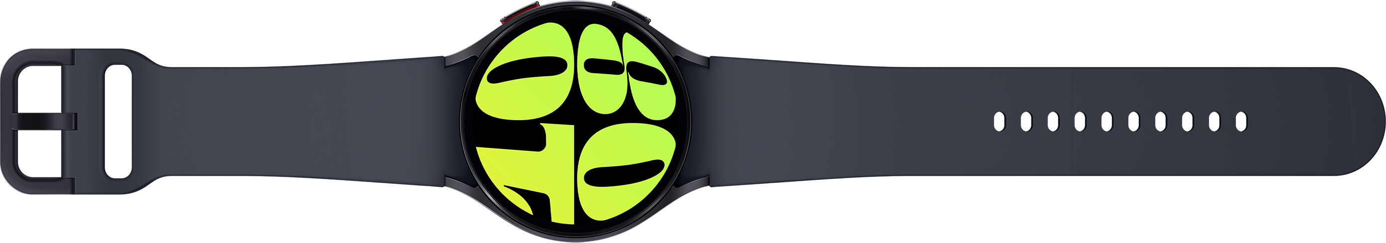 Eine schwarze Smartwatch mit schwarzem Armband. Grün-gelbes Display, weißer Hintergrund.