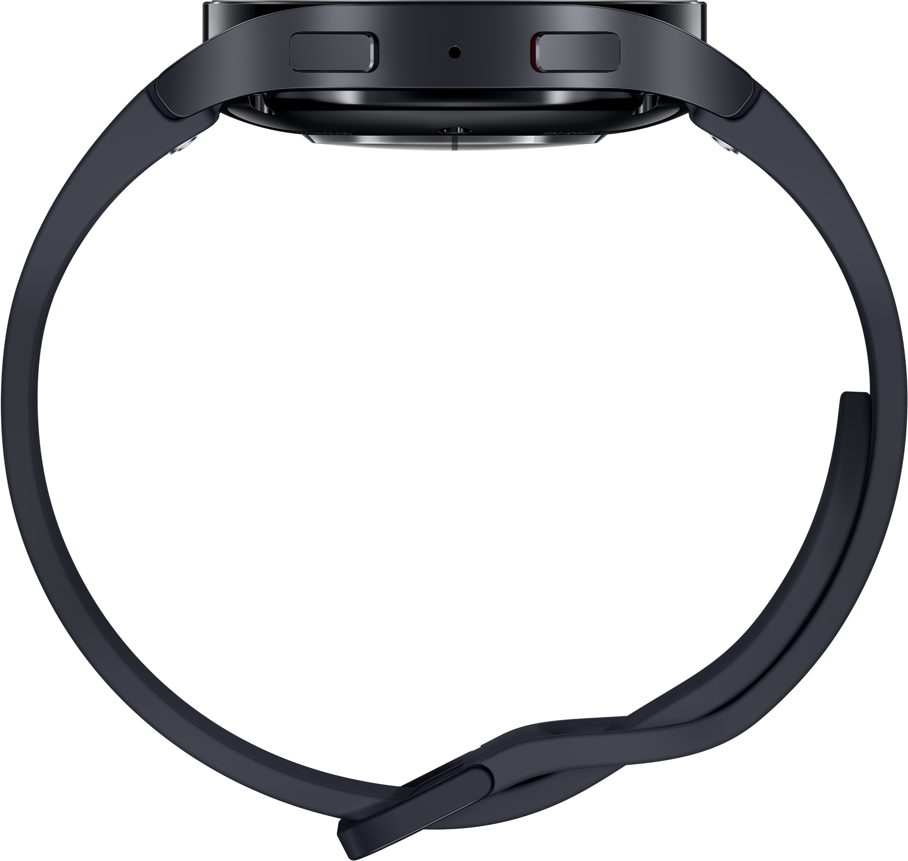 Nahaufnahme, Seitenansicht einer schwarzen Smartwatch mit dunklem Armband.