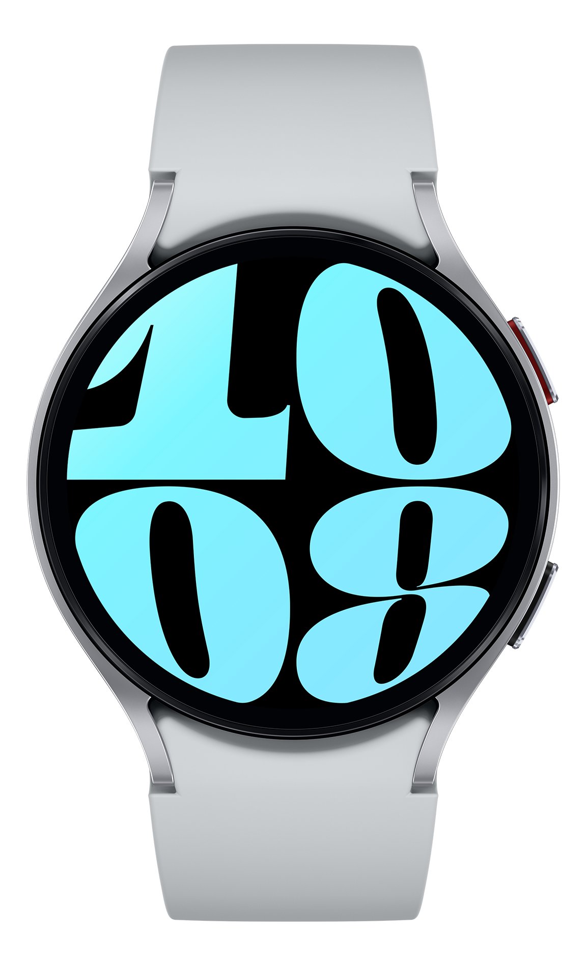 Silberne Smartwatch mit schwarzem Bildschirm, zeigt 10:08 in Blau an. Silbernes Band mit rotem Knopf.