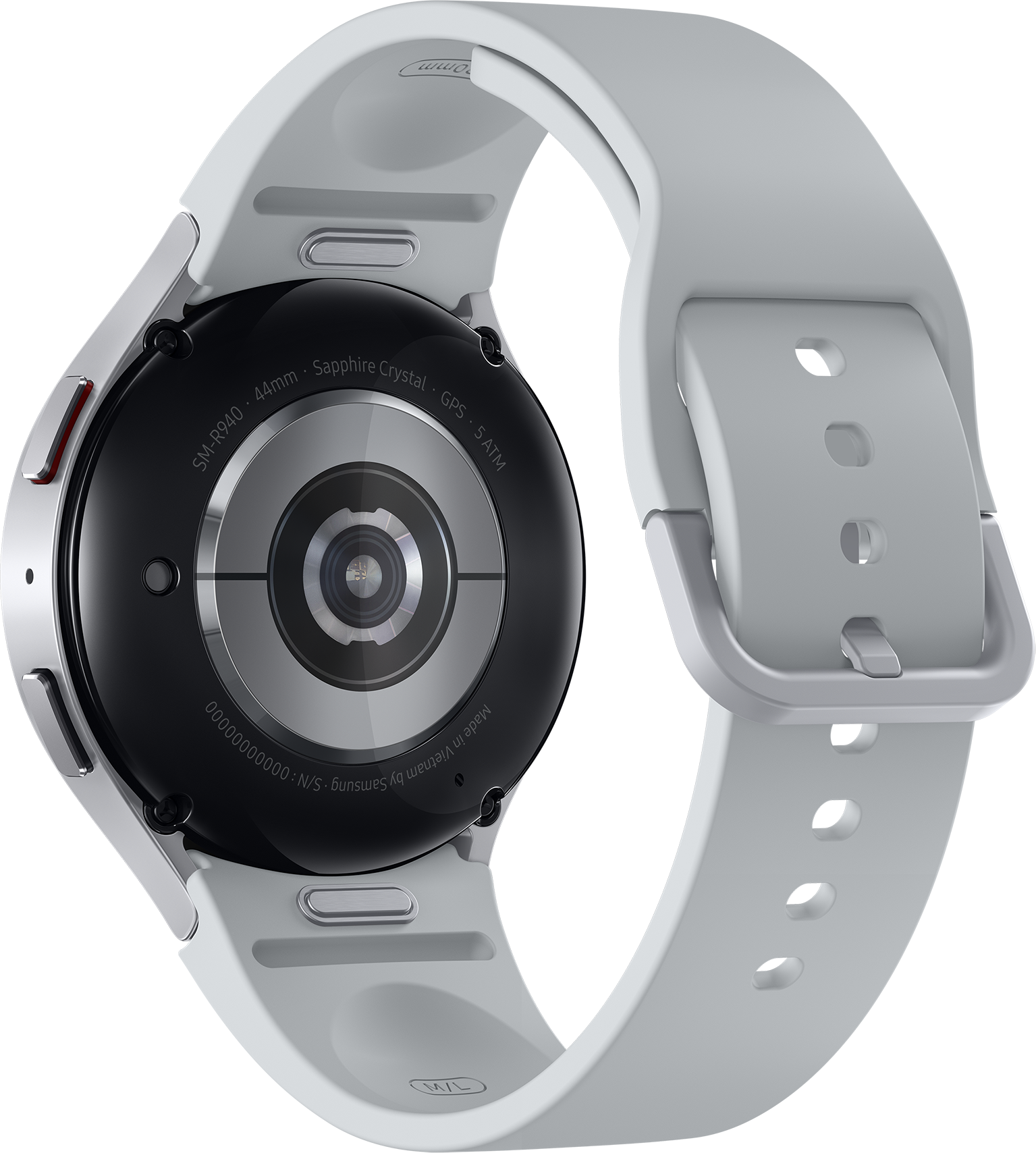 Rückansicht einer weißen Smartwatch mit grauem Band. Details umfassen Sensoren und Beschriftungen.