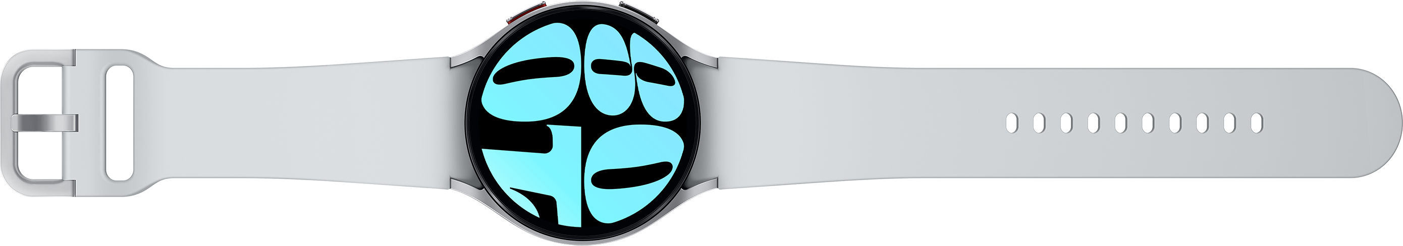 Eine weiße Smartwatch mit weißem Armband und rundem Zifferblatt mit blau-schwarzem Design.