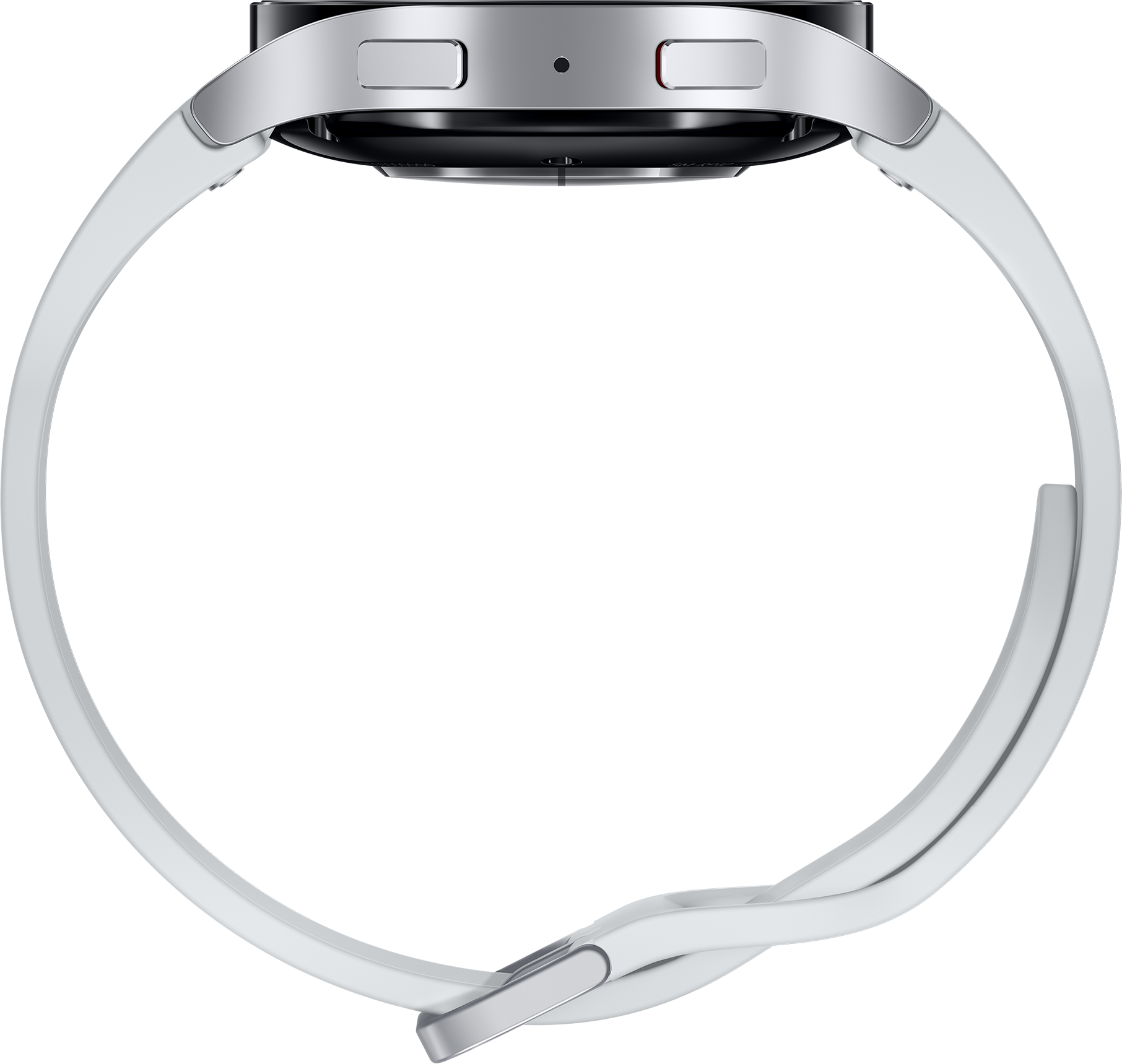 Seitenansicht einer silbernen Smartwatch mit weißem Armband.
