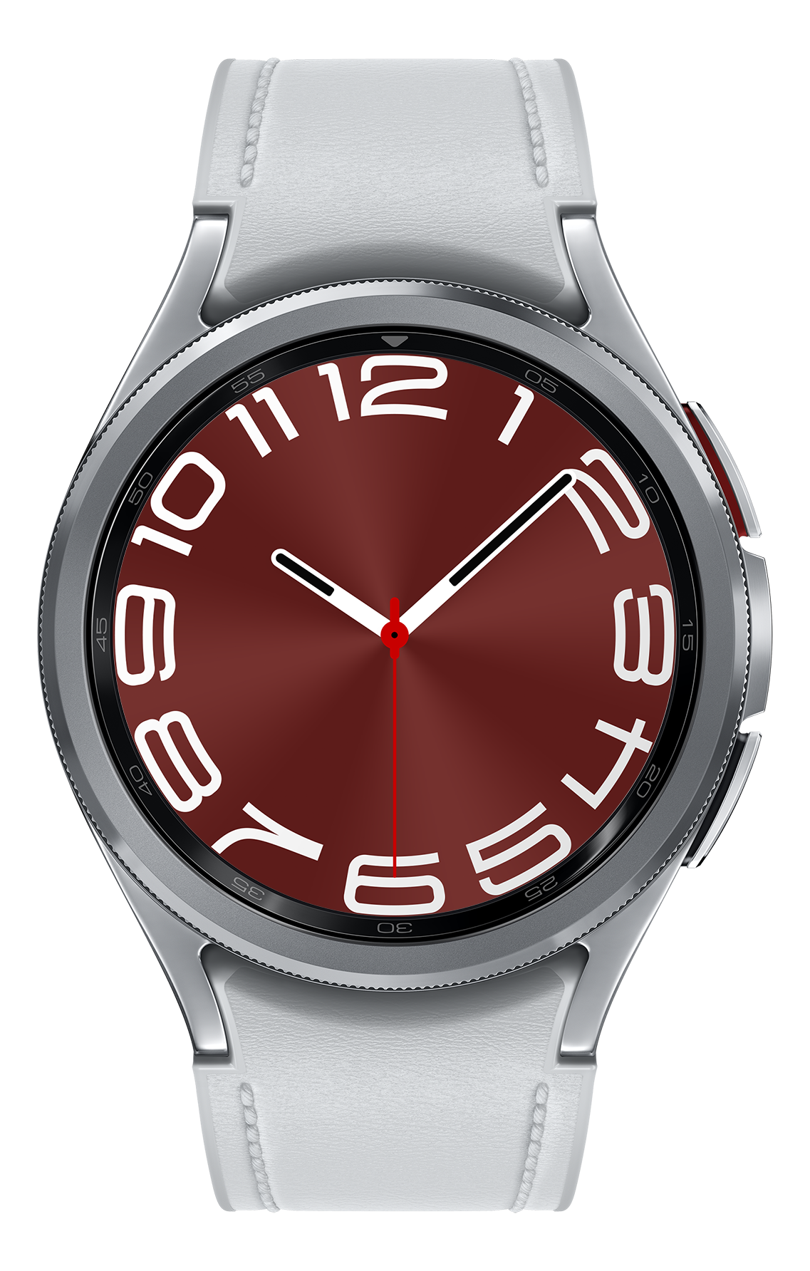 Silberne Smartwatch mit rotem Zifferblatt, weißen Zahlen und weißem Armband.