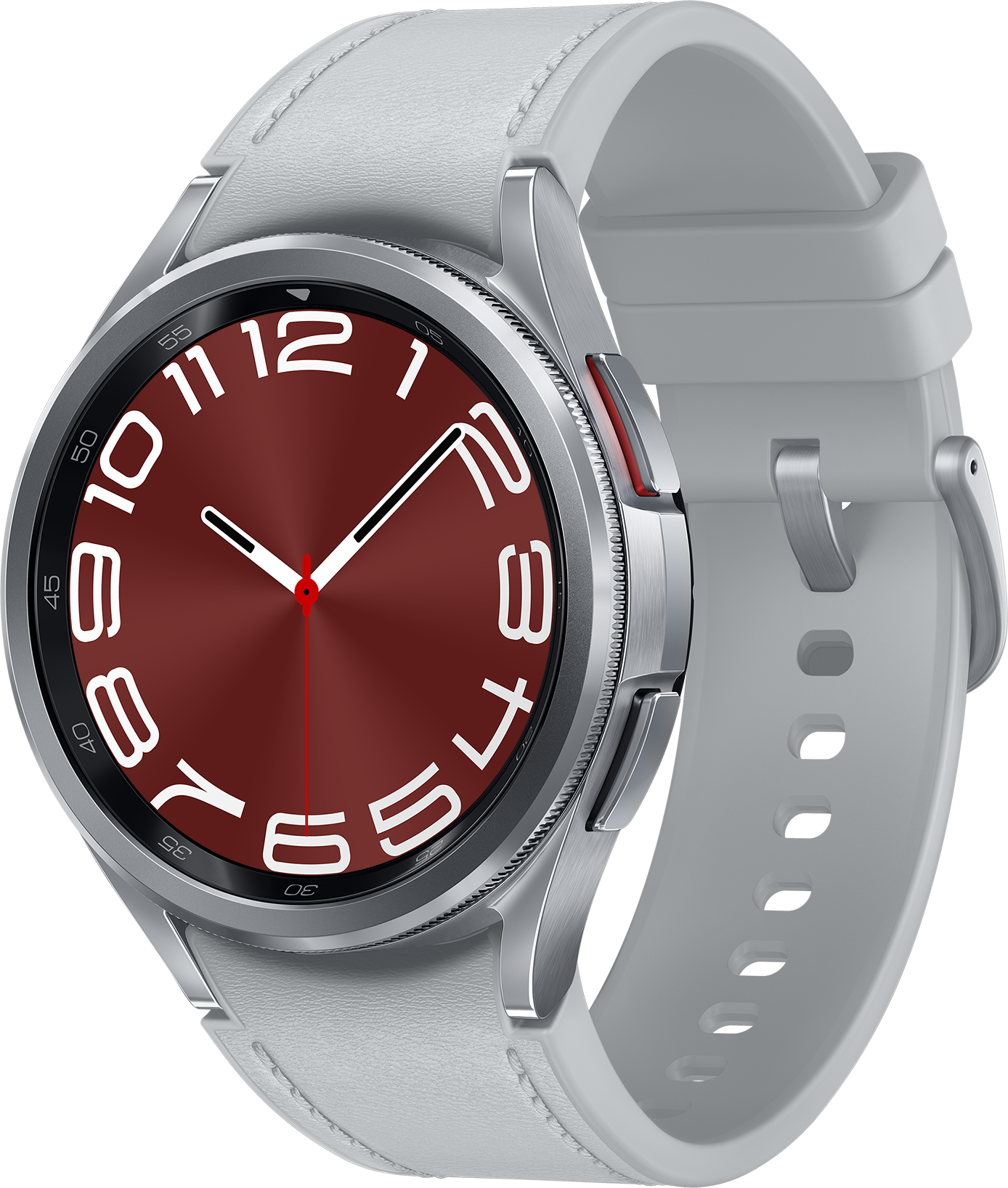 Silberne Smartwatch mit rotem Zifferblatt, weißen Zahlen und hellgrauem Armband, auf schwarzem Hintergrund.
