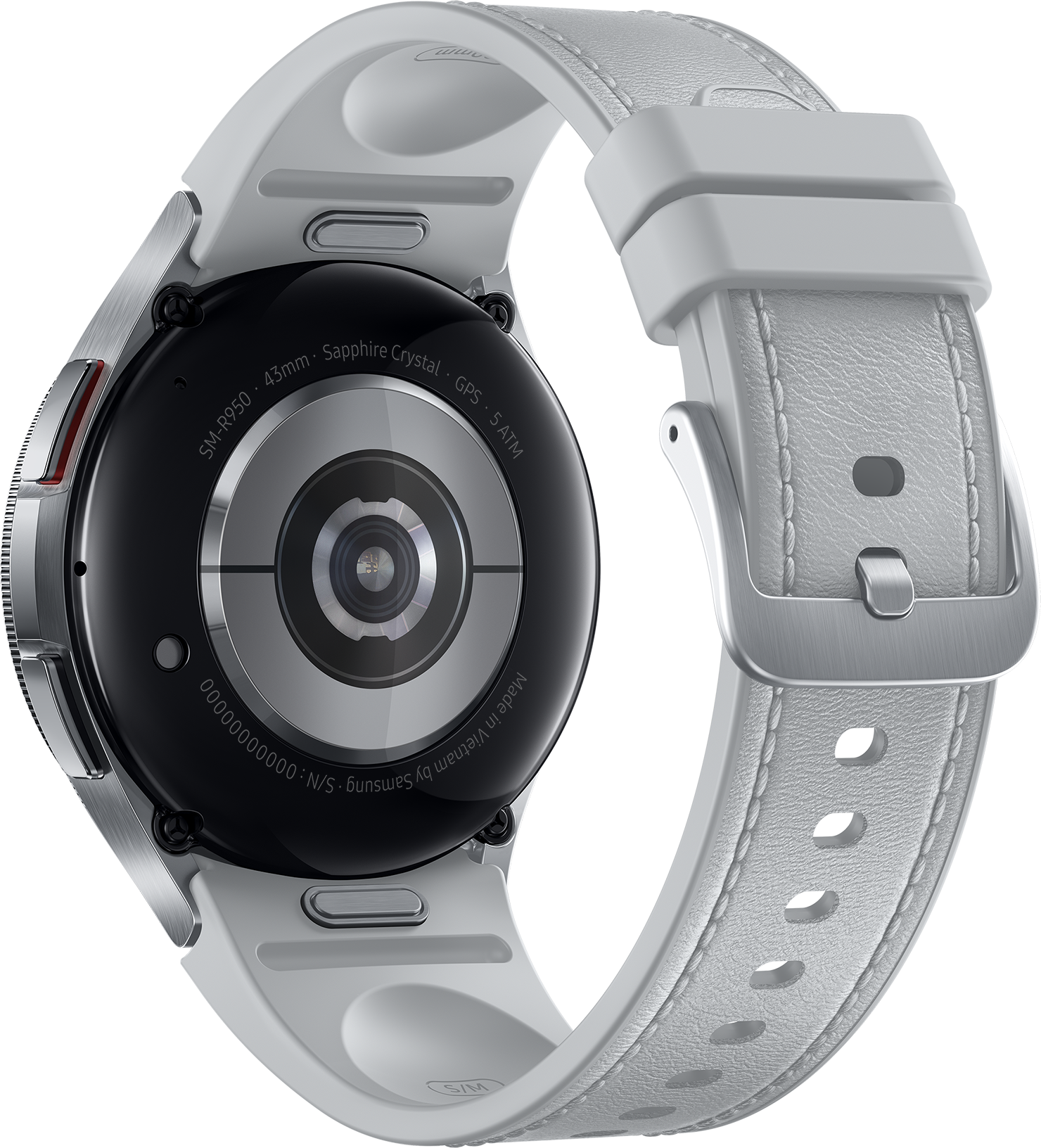 Nahaufnahme der Rückseite einer weißen Smartwatch mit weißem Armband. Schwarzer Sensorbereich auf der Rückseite.