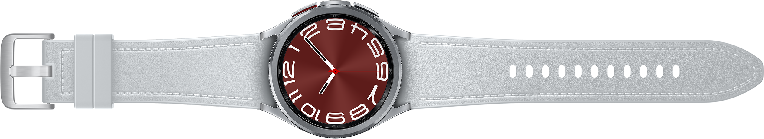 Eine silberne Uhr mit dunkelrotem Zifferblatt und weißem Armband.