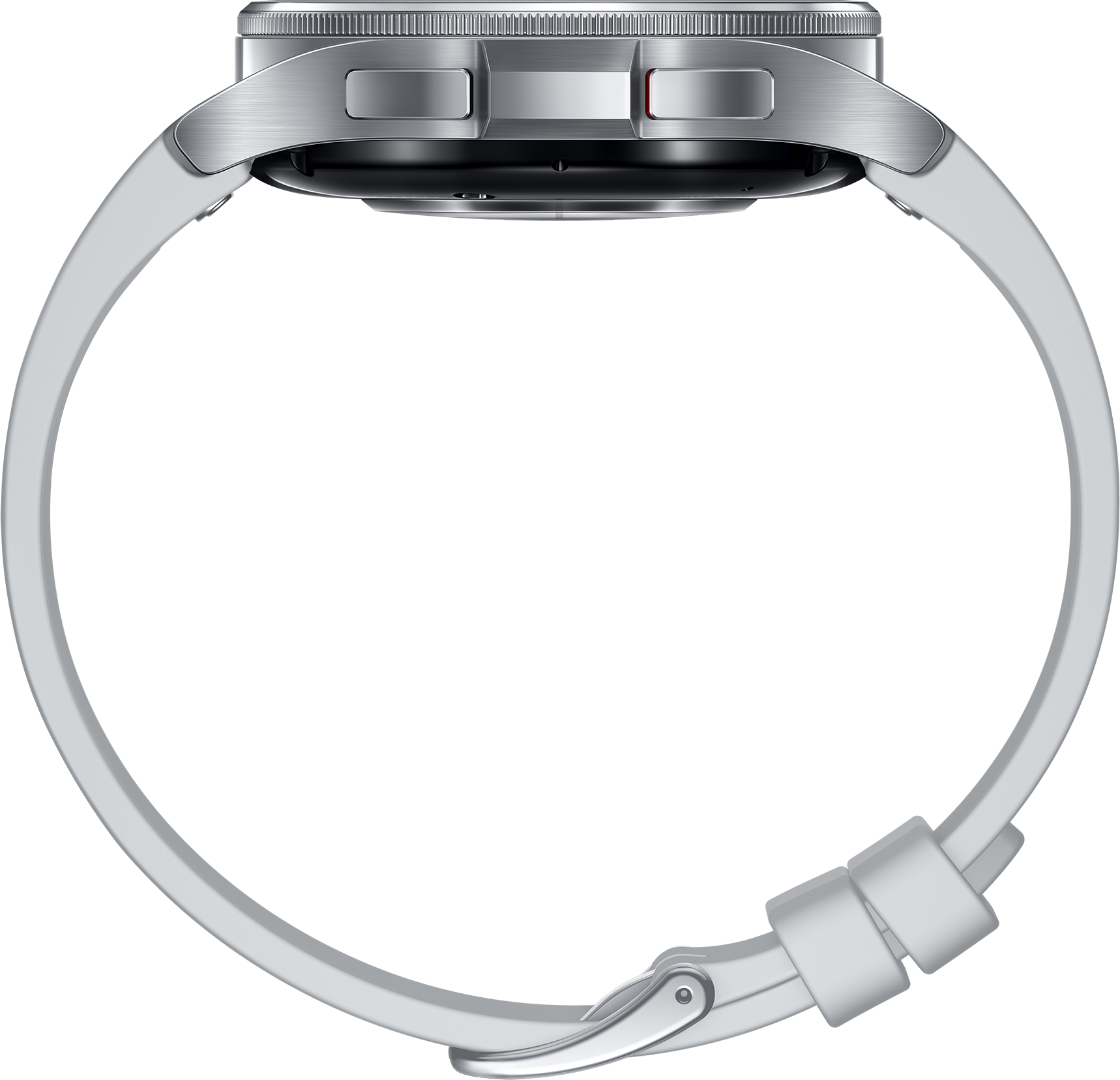 Seitenansicht einer silbernen Smartwatch. Das Armband ist weiß.