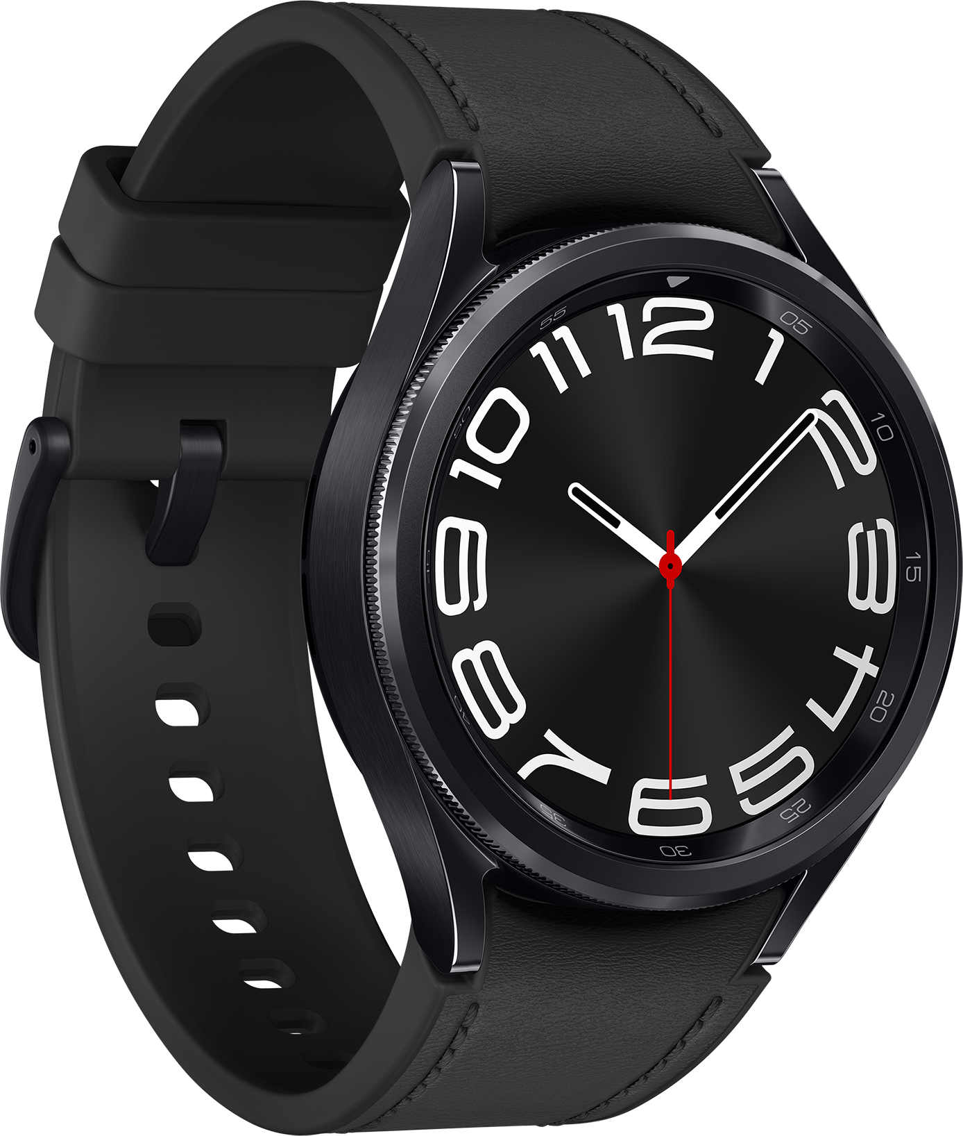 Montre connectée noire avec chiffres blancs sur cadran noir.