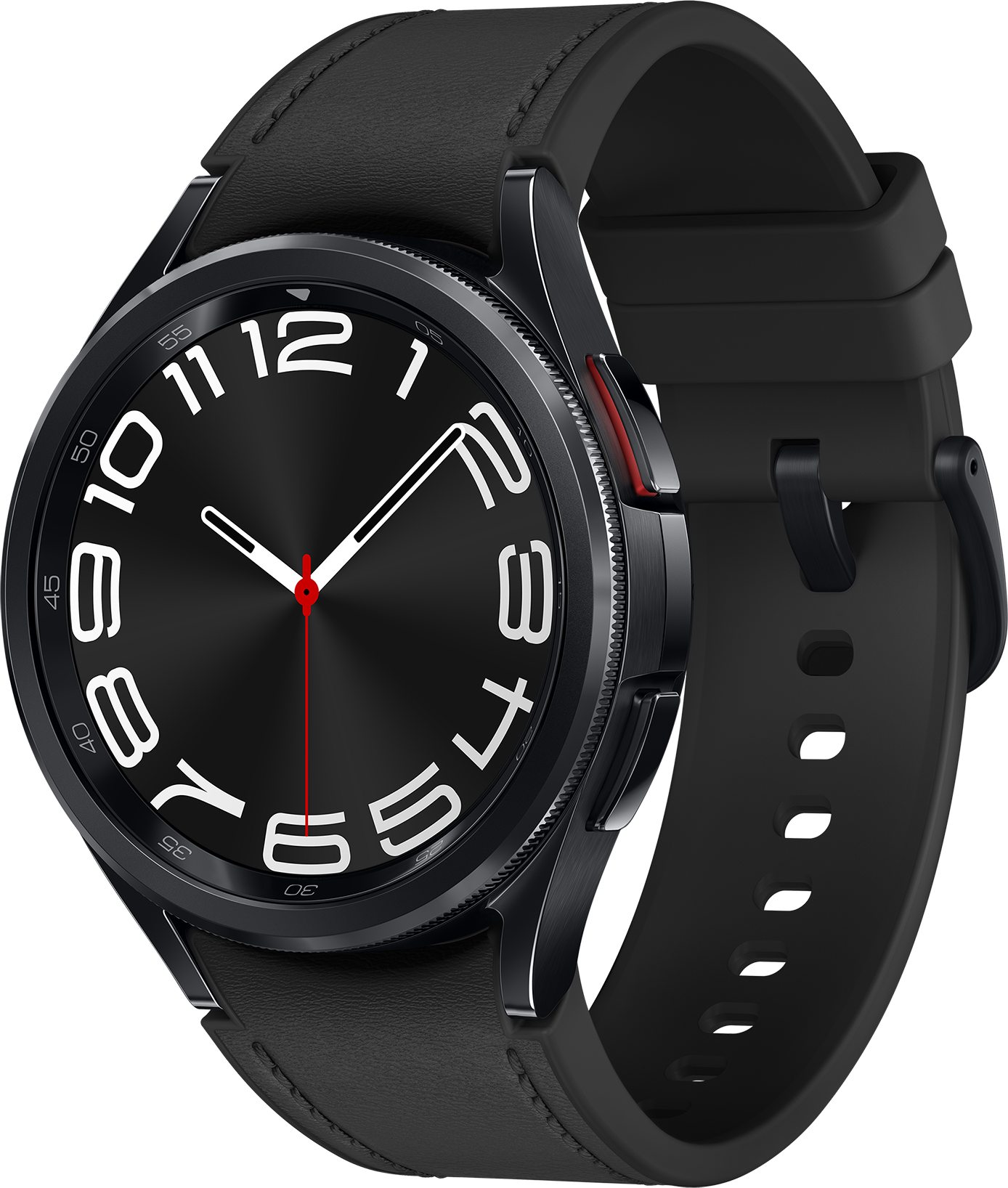 Une montre connectée noire avec un bracelet en cuir noir, affichant l'heure sur un cadran noir.