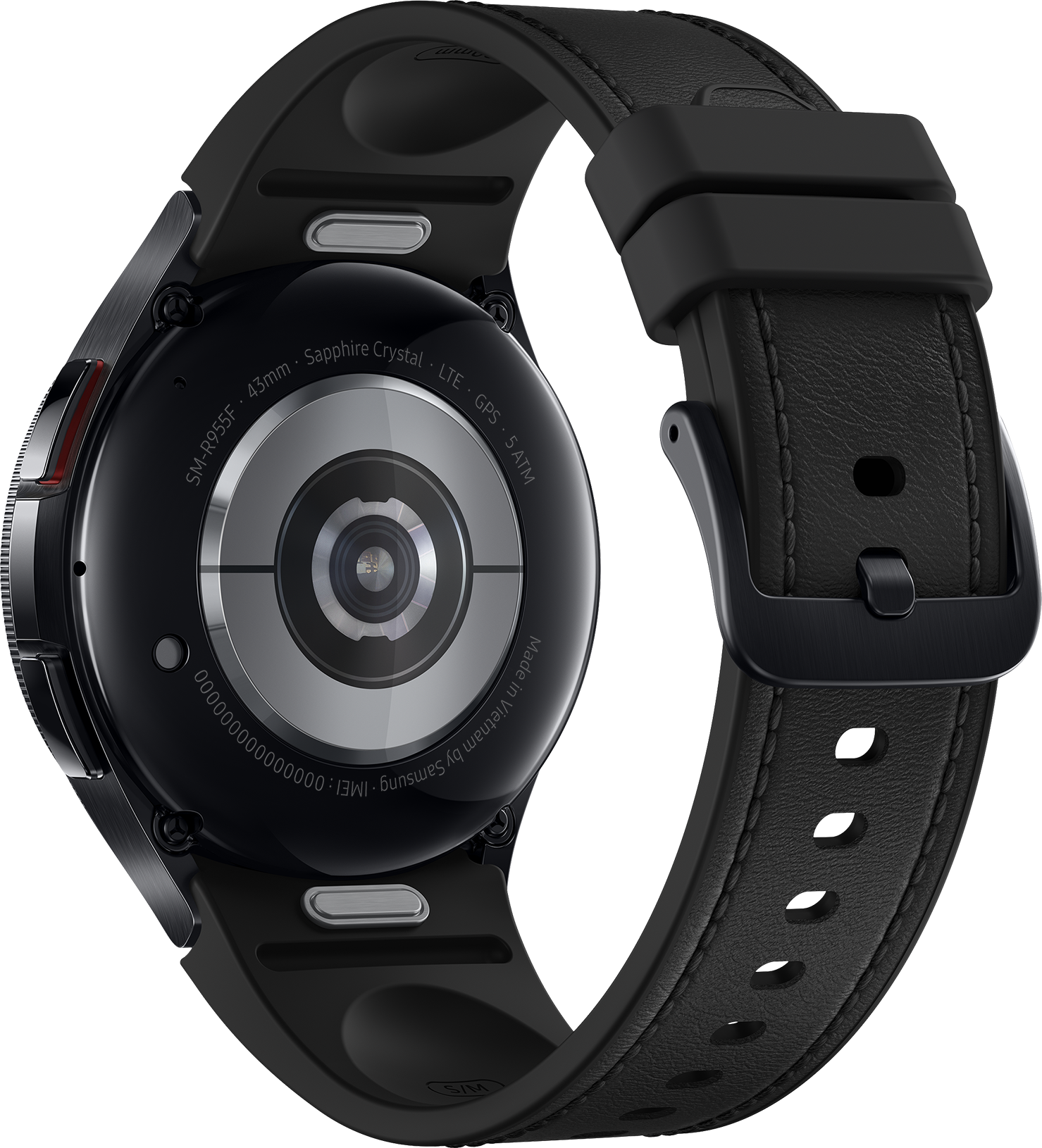 Arrière d'une montre intelligente noire avec bracelet en cuir noir.