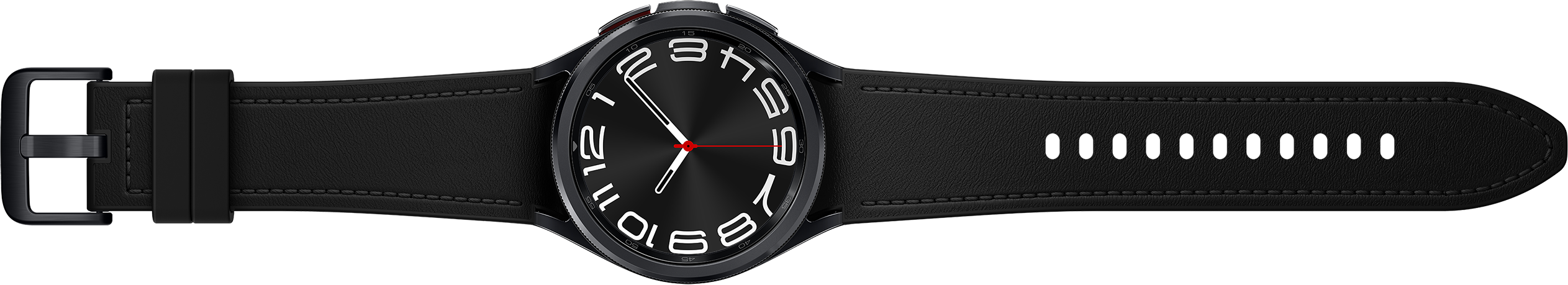 Une smartwatch noire avec un cadran rond affichant l'heure et un bracelet noir.